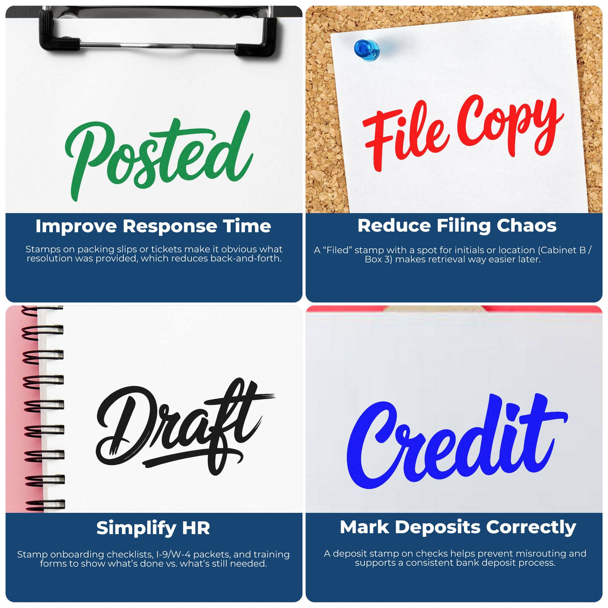 Custom stamp and seal product collage with Posted, File Copy, Draft, and Credit in green, red, black, and blue.