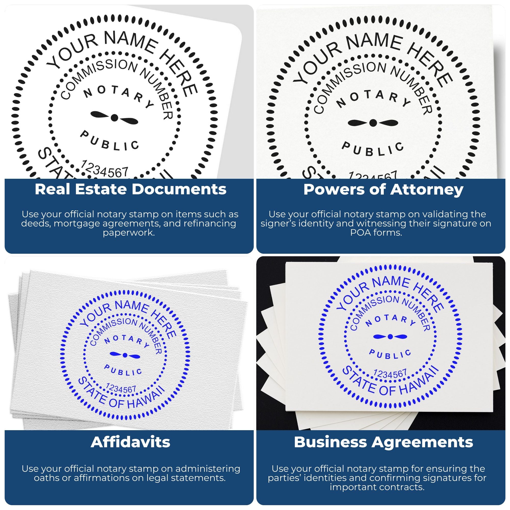 Black and blue notary seal stamps on legal documents for real estate, powers of attorney, affidavits, and business agreements.