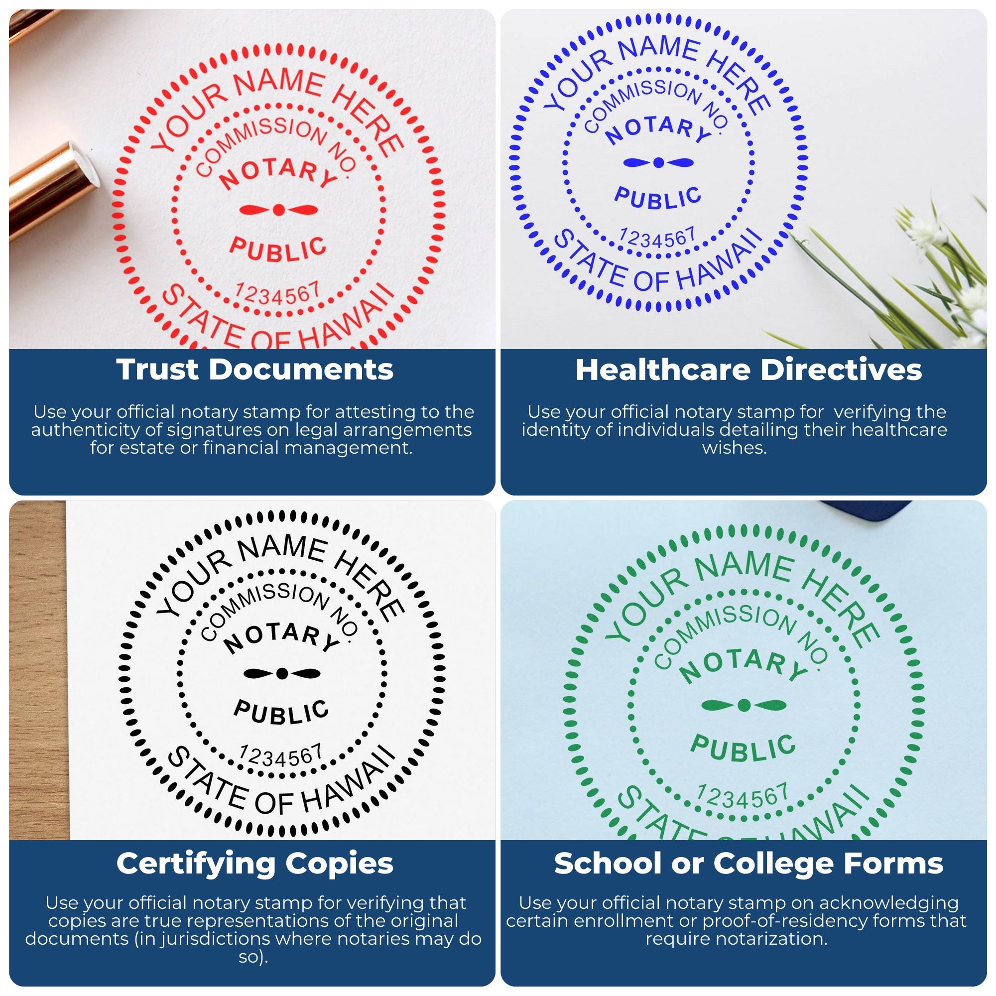 Four colorful notary stamp and seal examples in red, blue, black, and green on document pages.