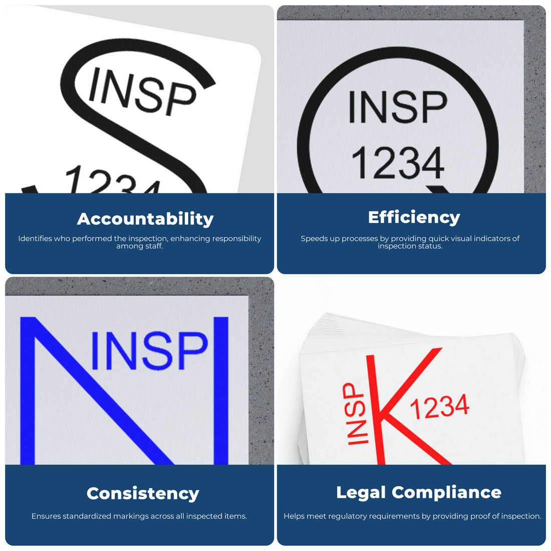 Four inspection stamps and seals in black, blue, and red, each marked INSP 1234.