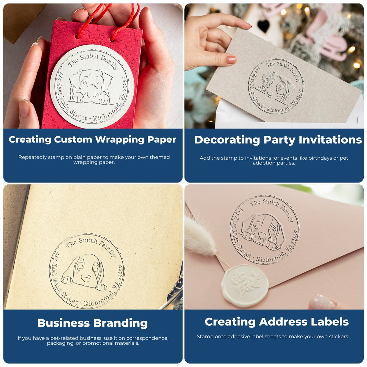 Engineer Seal Stamps Bouvier Des Flandres dog stamp embossing in use on mailing paper, showcasing detailed custom dog design.