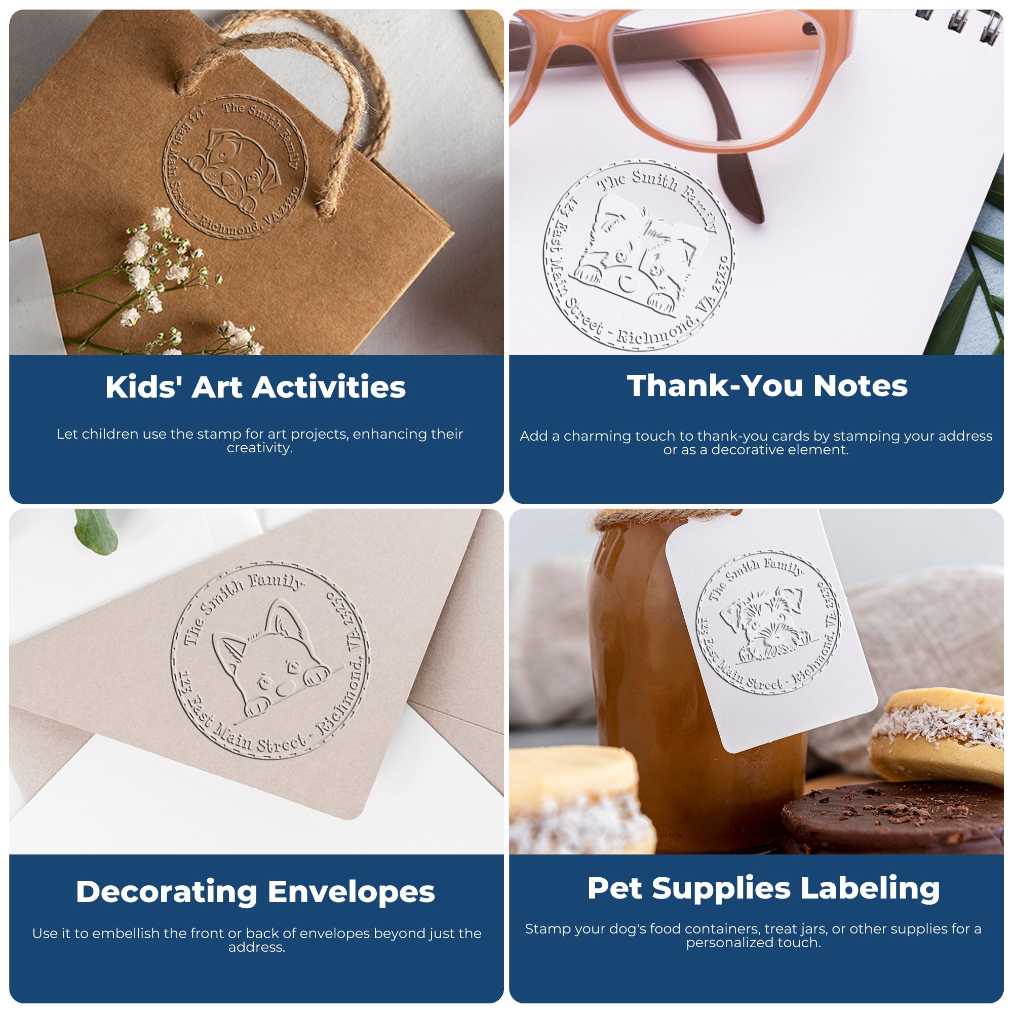Collage of custom seal stamps on brown kraft bags and white envelopes, with black pet and family designs.