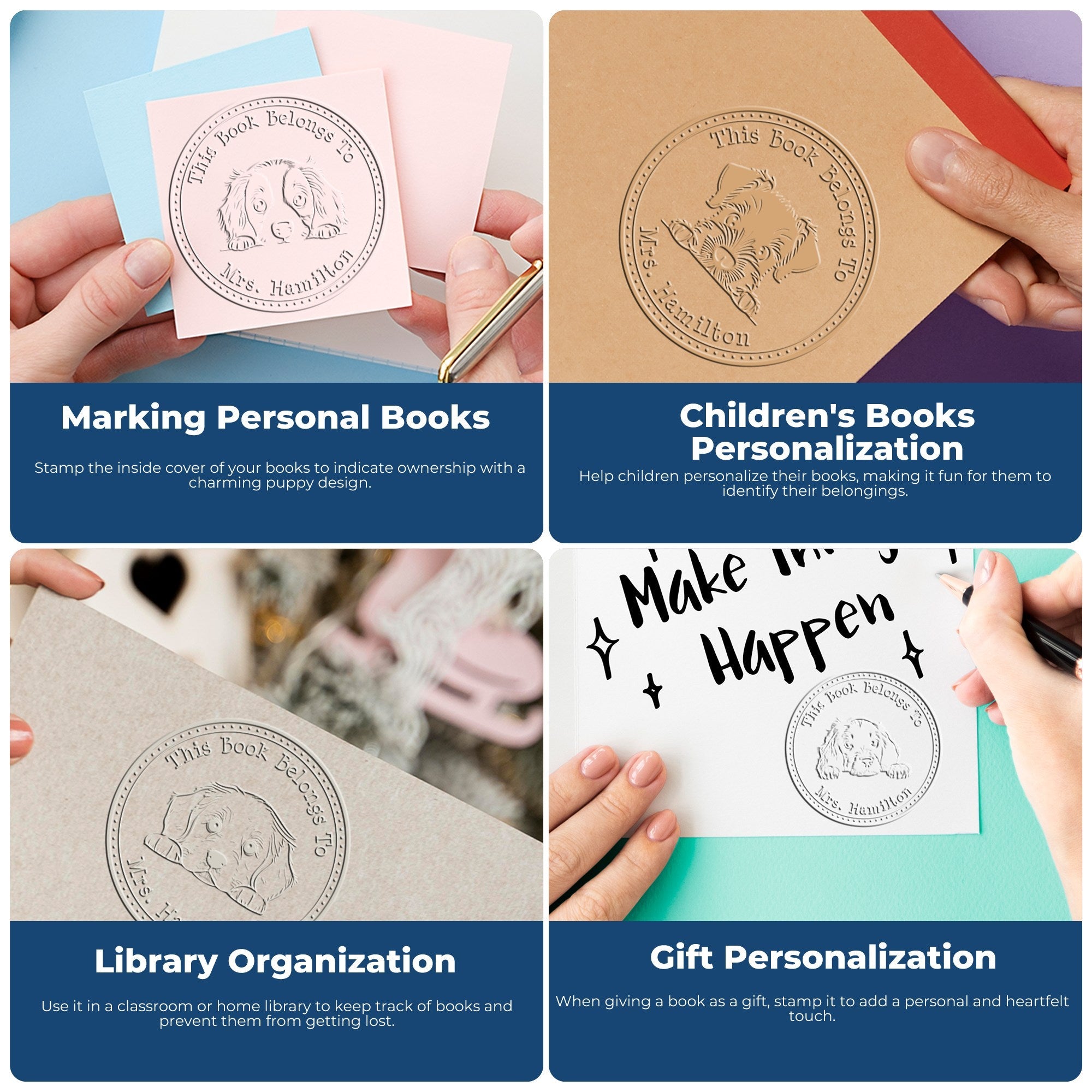 Personalized book stamp and seal products with dog motifs on pastel pink, blue, tan, and white books.