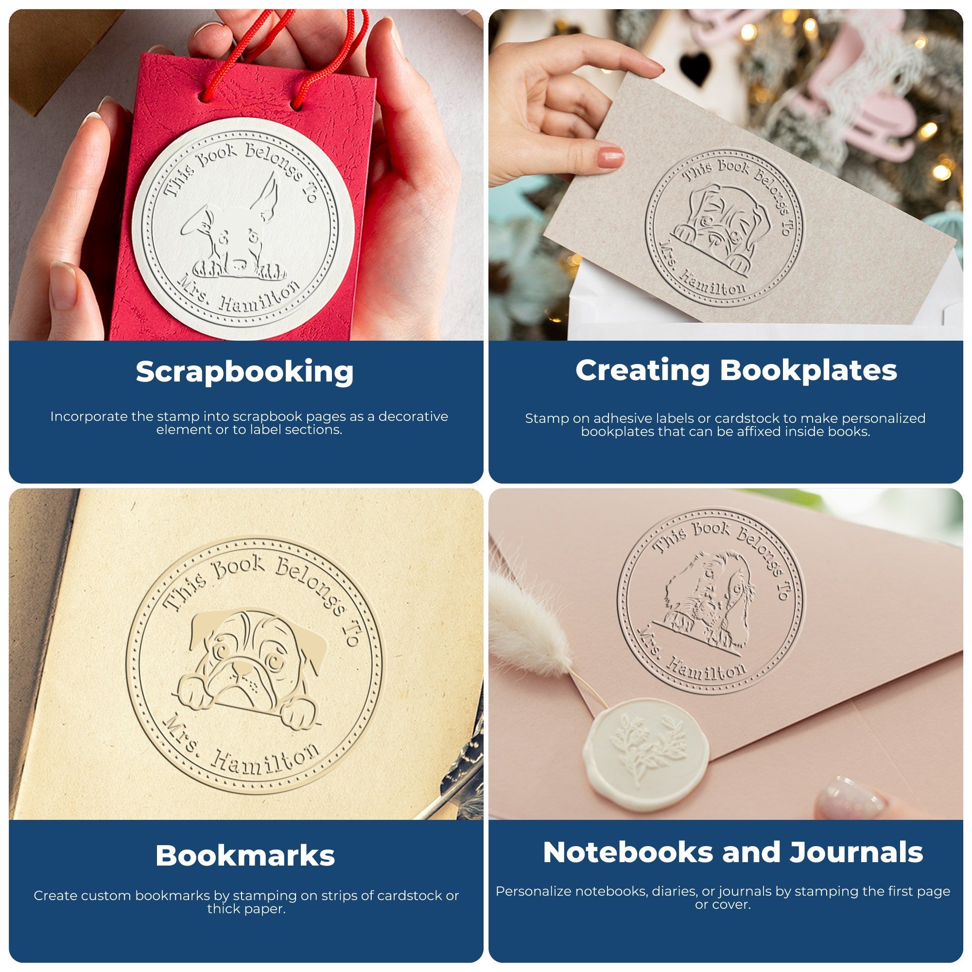 Custom circular embossing stamp and seal with dog design on pink, beige and cream paper for bookplates, bookmarks and journals.