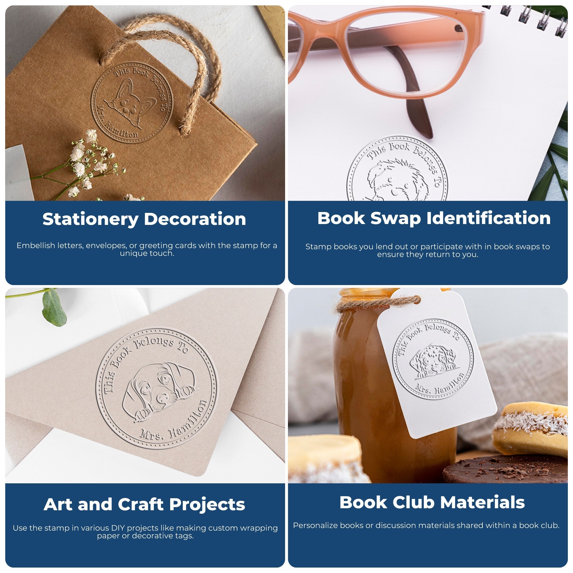 Custom book stamp and seal products on brown and white stationery, with dog and fox motifs on tags, cards, and jars.