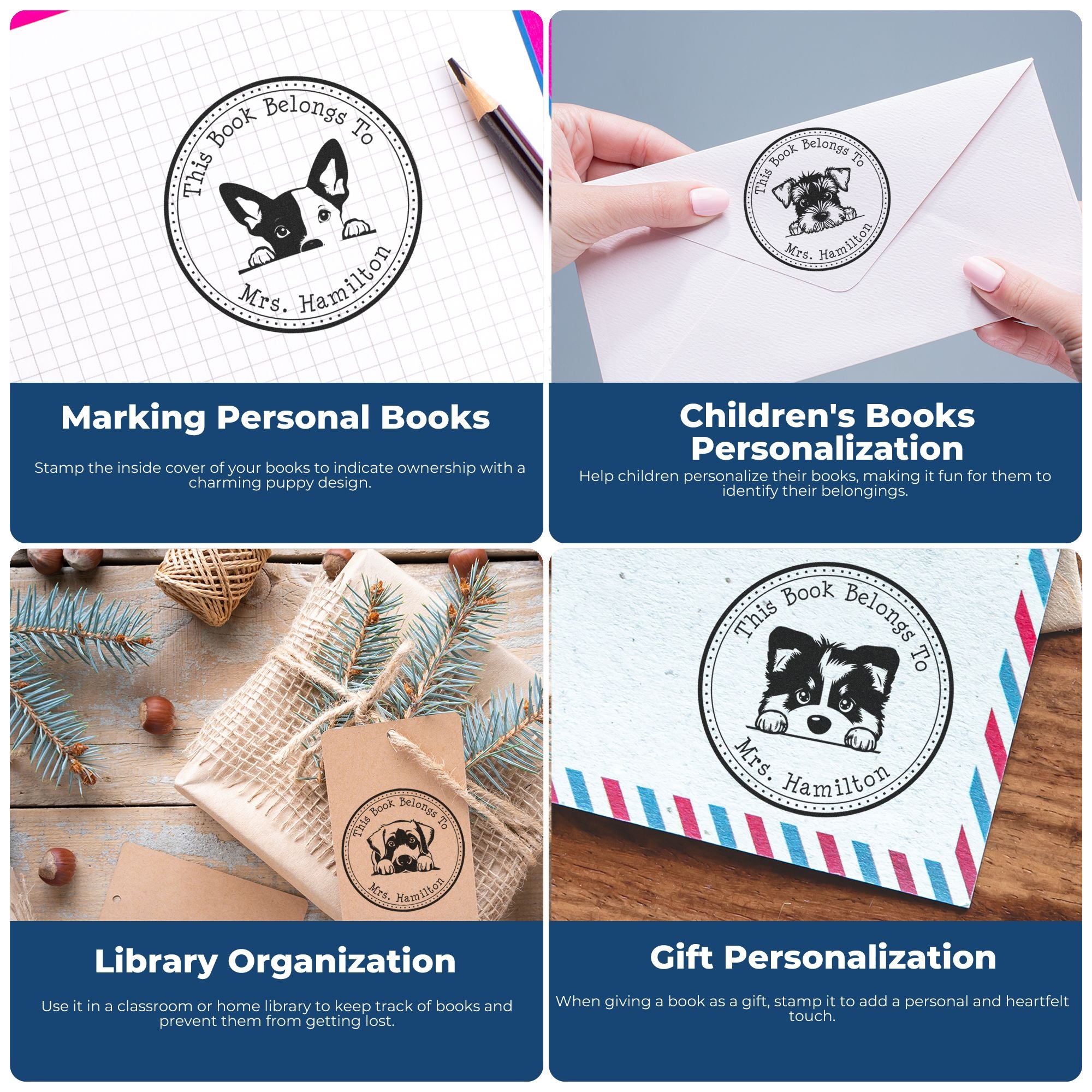 Collage of personalized black book stamps and seals with puppy designs on white paper, envelopes, and gift tags.