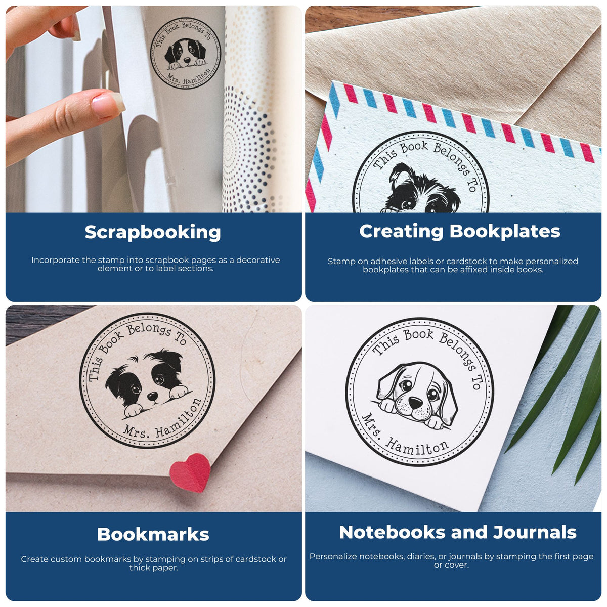 Collage of black dog bookplate stamp seal on cream envelopes, bookmarks, scrapbook pages, and notebooks with navy labels.