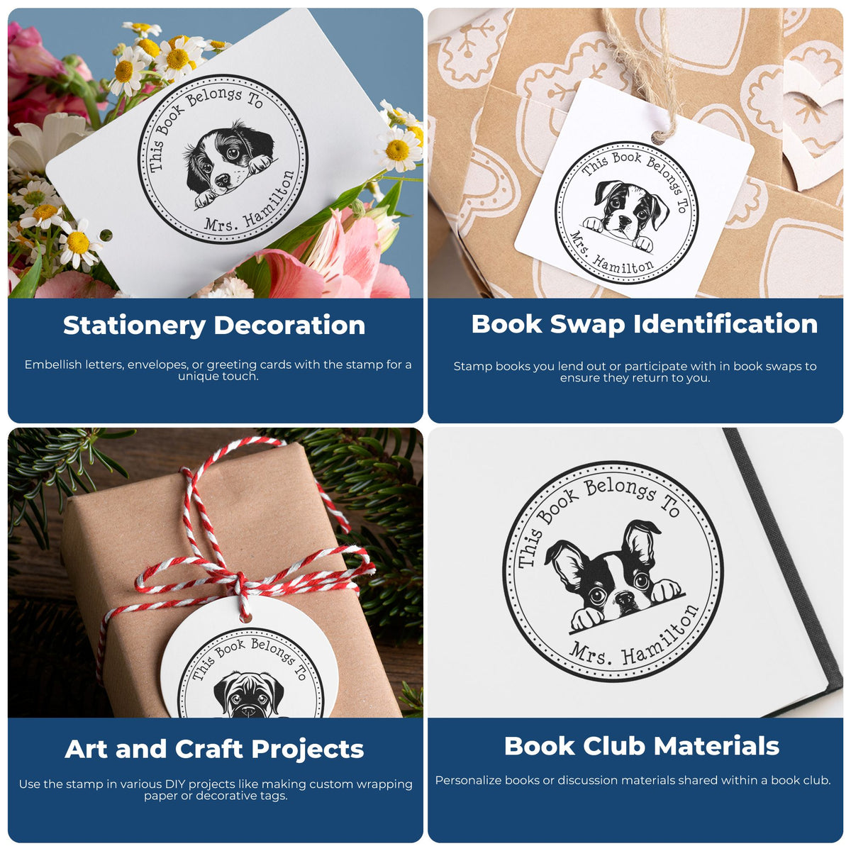 Collage of black-and-white custom book belongs stamps and seals with dog designs on tags, books, and wrapped gifts.