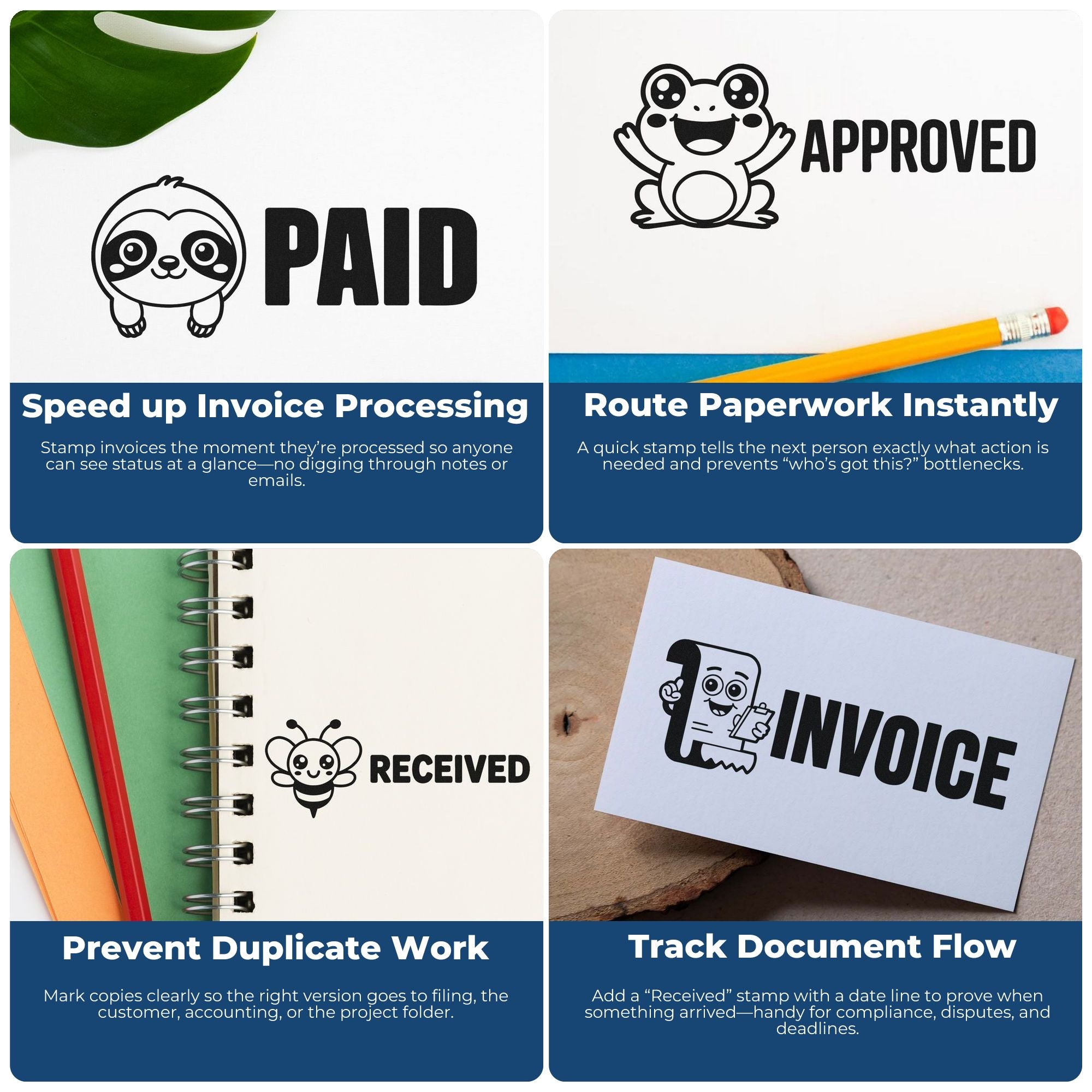 Black stamp and seal designs for Paid, Approved, Received, and Invoice on white backgrounds with blue panels and cartoon icons.