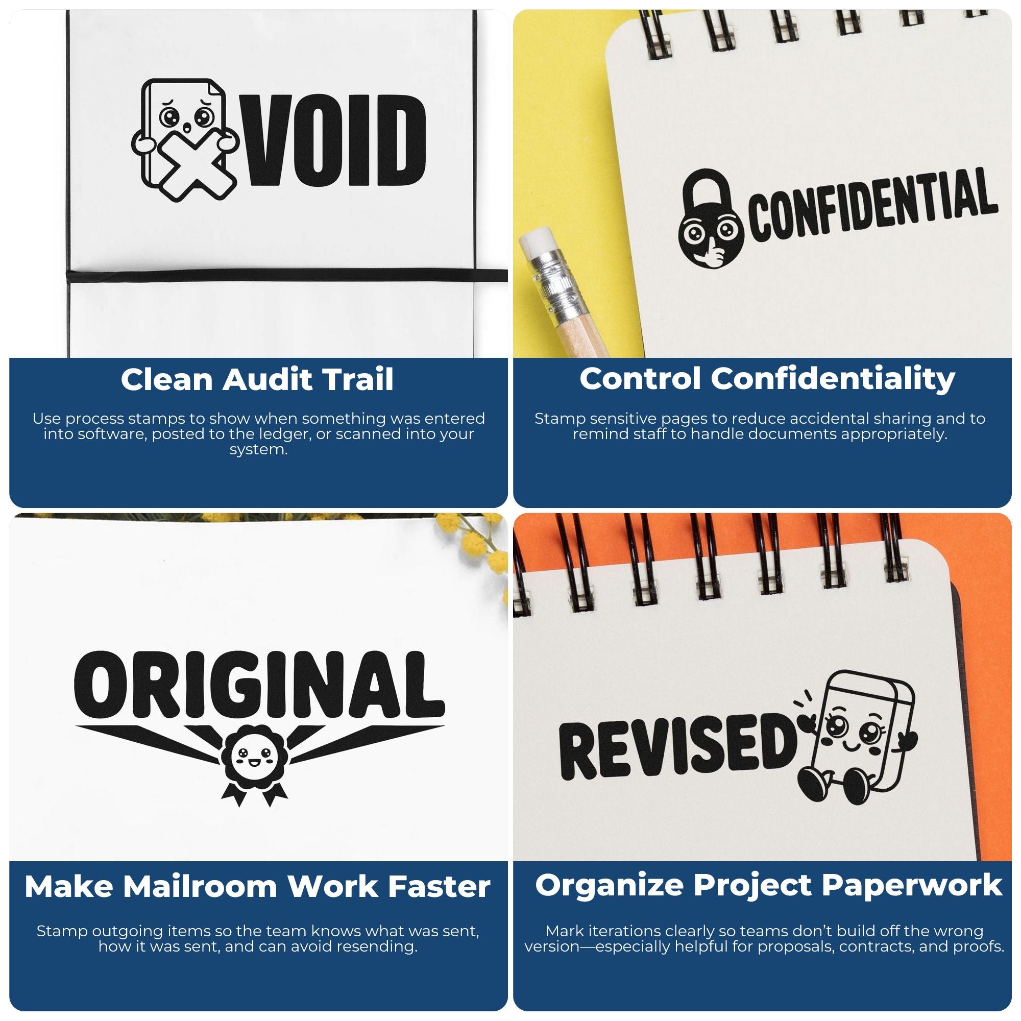Collage of black office stamp and seal designs on white paper, labeled VOID, CONFIDENTIAL, ORIGINAL, and REVISED with blue panels.