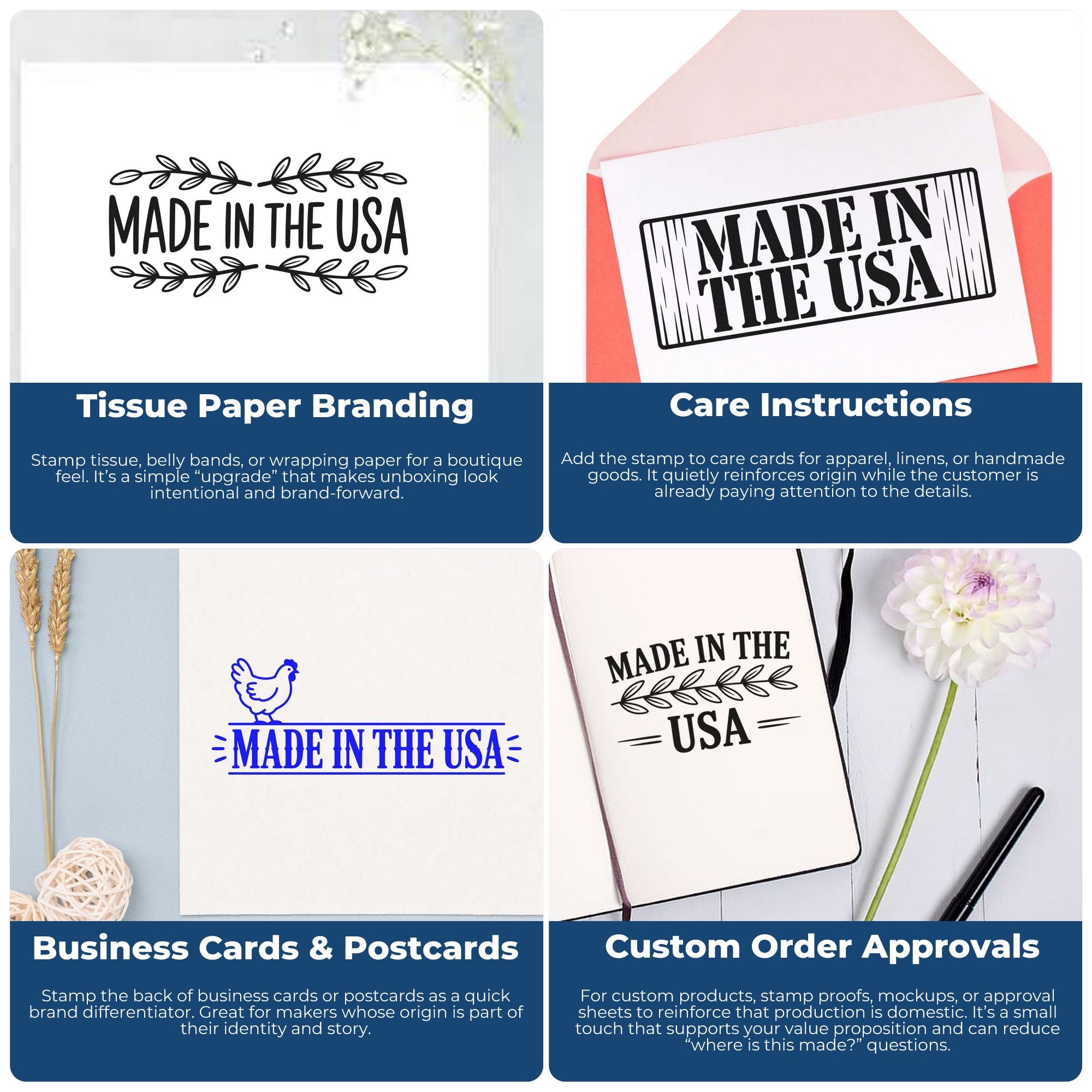 Made in the USA stamp and seal designs on white tissue, care cards, business cards, and approval sheets in black and blue.
