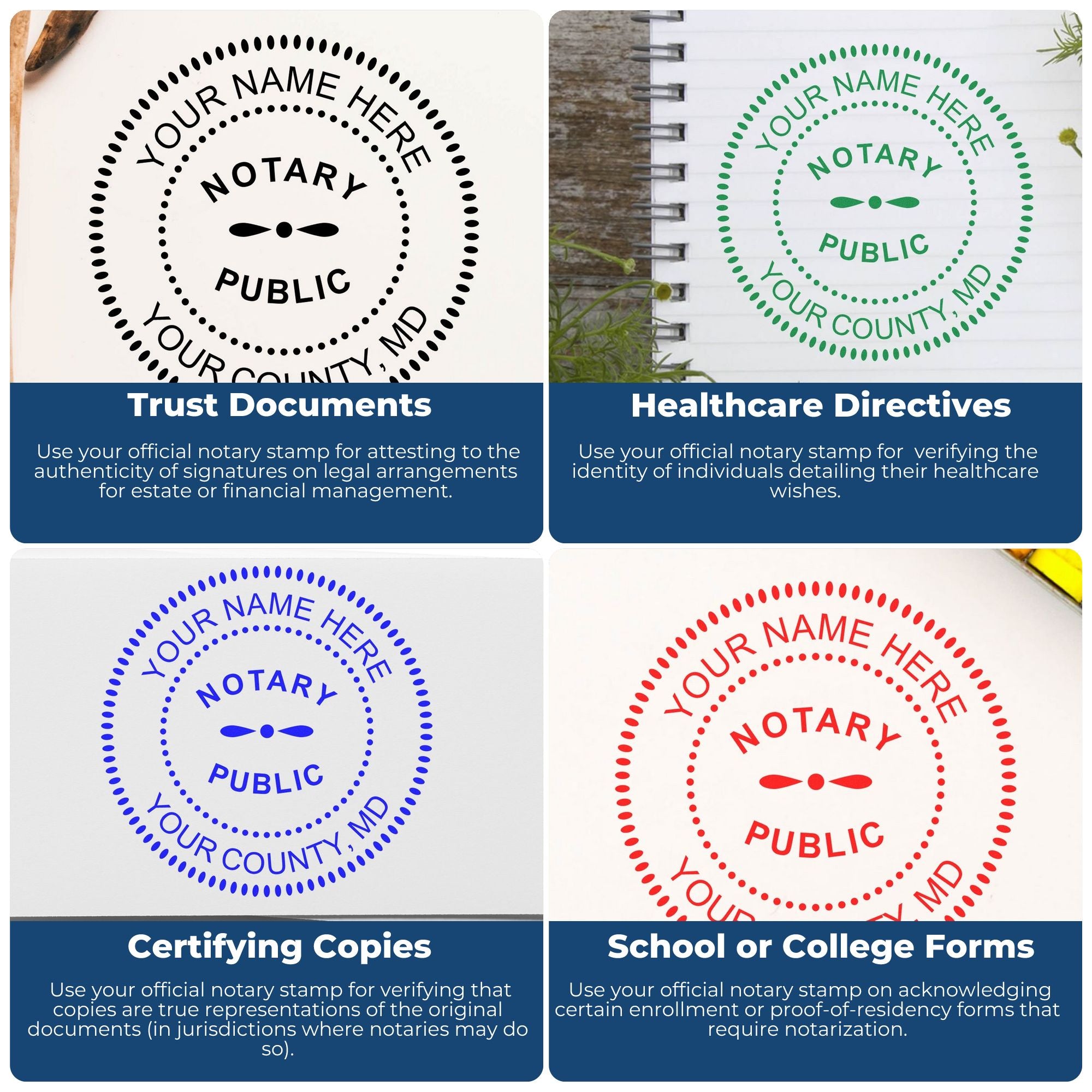 Notary stamp and seal product collage in black, green, blue, and red for trust documents, healthcare directives, copies, and school forms