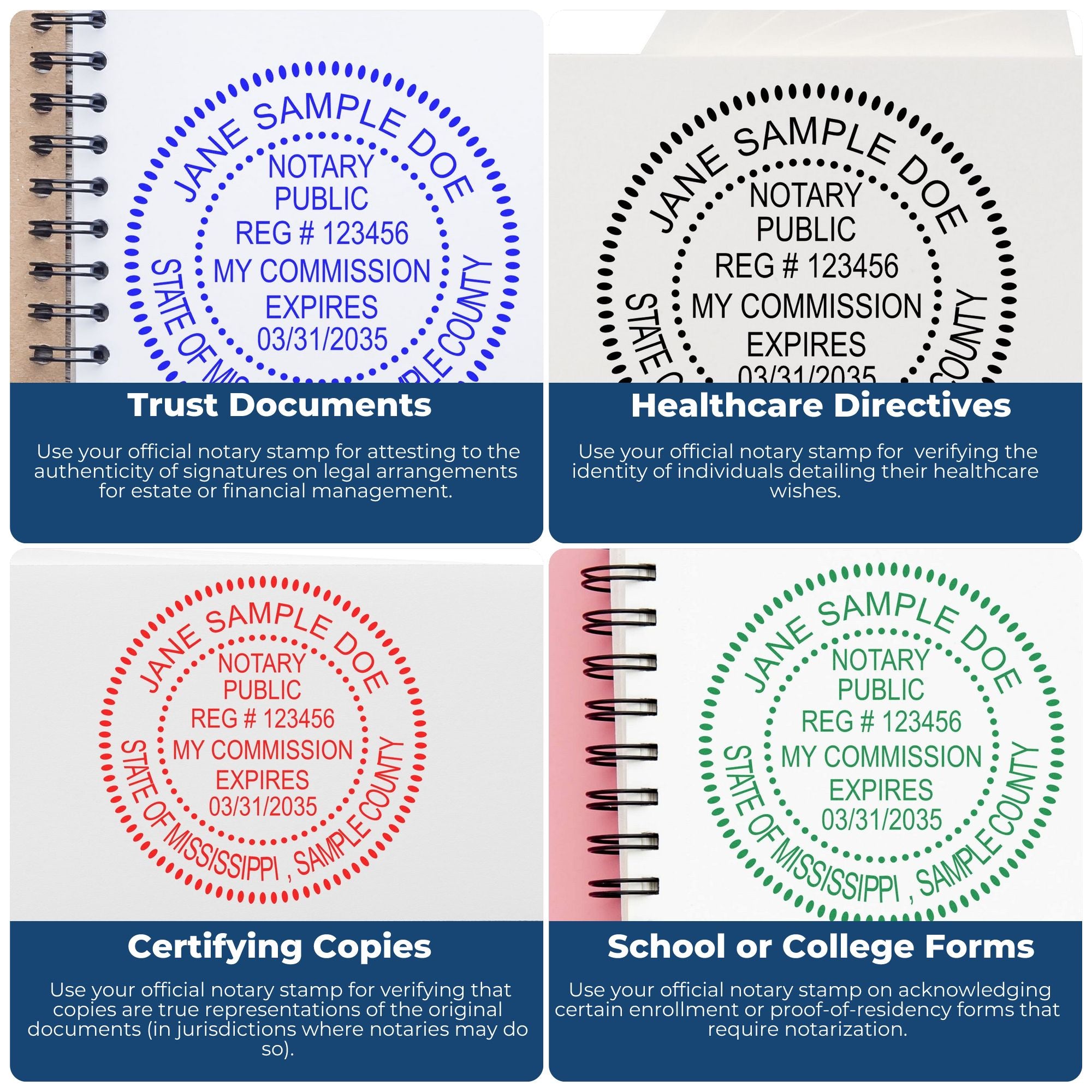 Four colored notary stamp and seal samples on document pages: blue, black, red, and green circular seals with commission details.