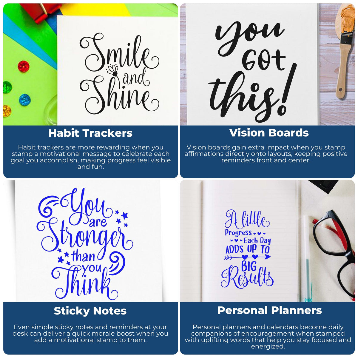 Motivational stamp and seal designs in black and blue on notebooks, sticky notes, habit trackers, vision boards, and planners.