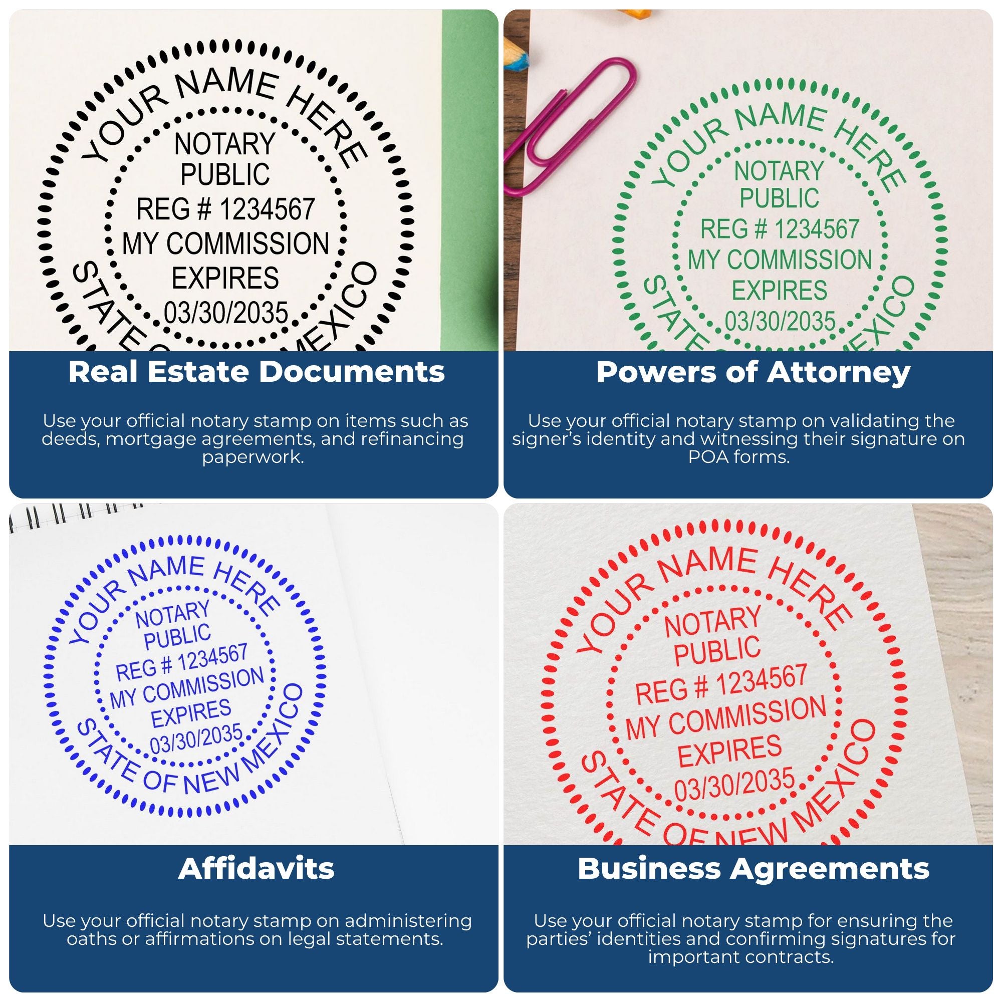 Four notary stamp and seal samples in black, green, blue, and red for real estate, POA, affidavits, and contracts.