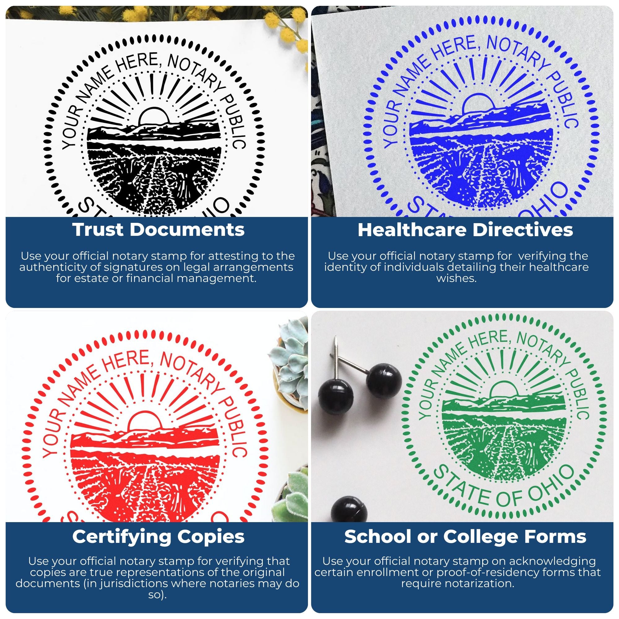 Collage of four circular notary stamp and seal designs in black, blue, red, and green for trust, healthcare, copies, and school forms