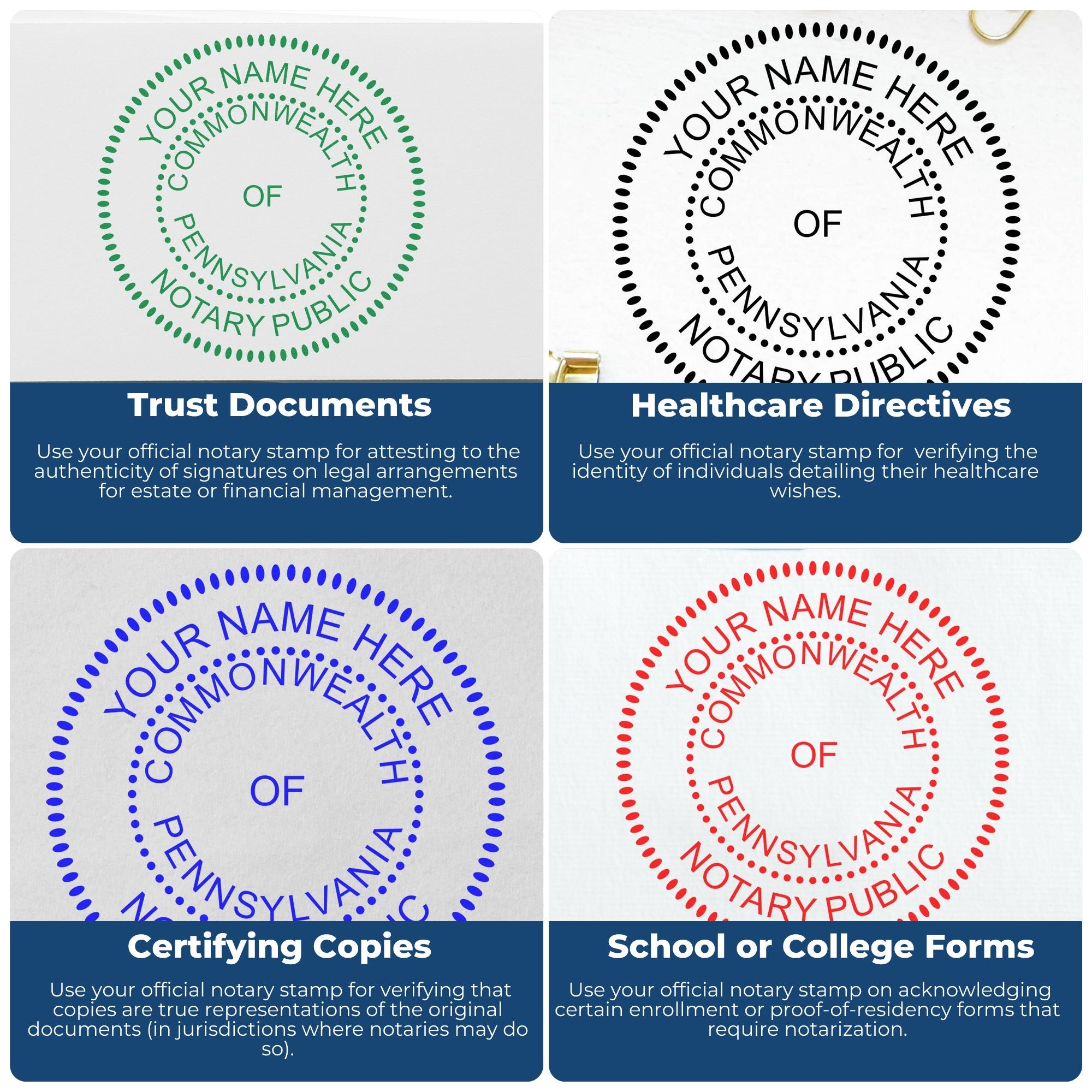 Four circular Pennsylvania notary stamp and seal designs in green, black, blue, and red with placeholder text.
