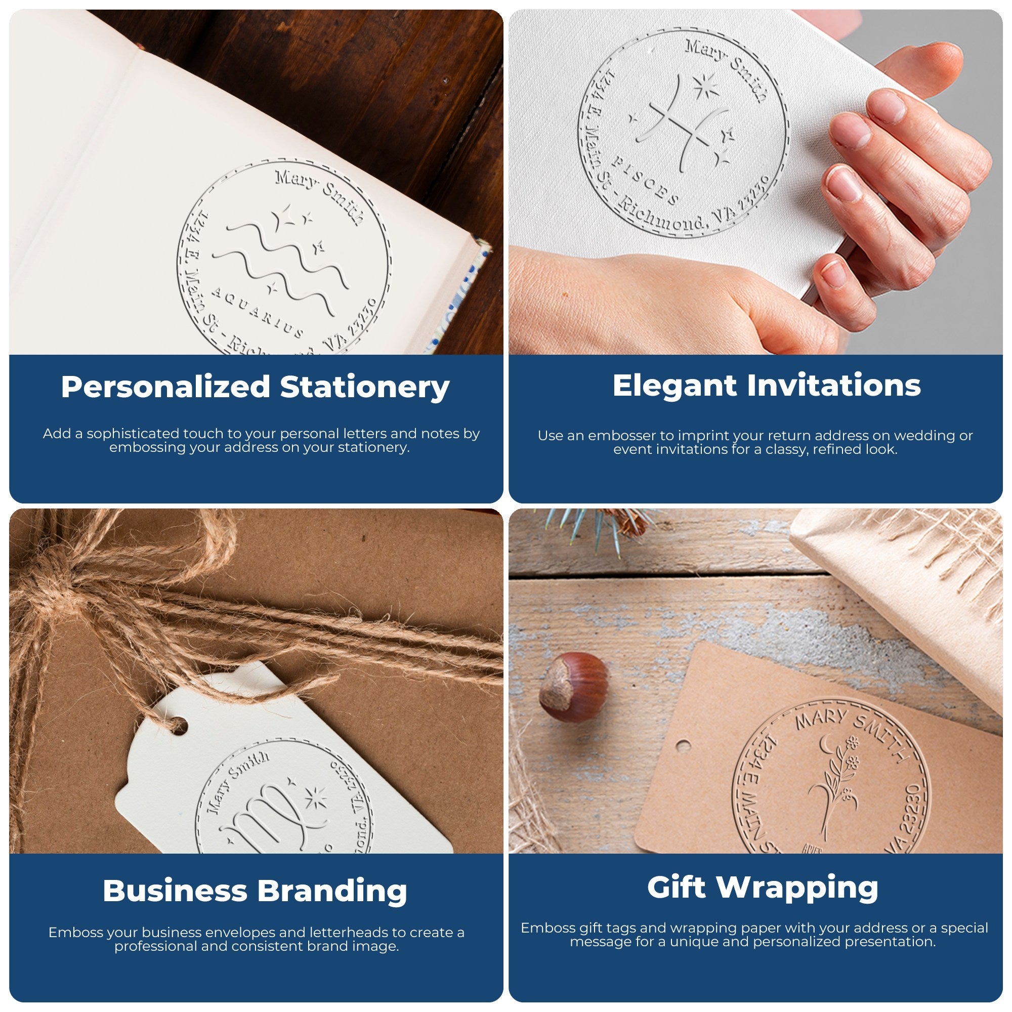 Custom stamp and embossing seal on white and kraft stationery, invitations, and gift wrap with navy labels for personalized branding.