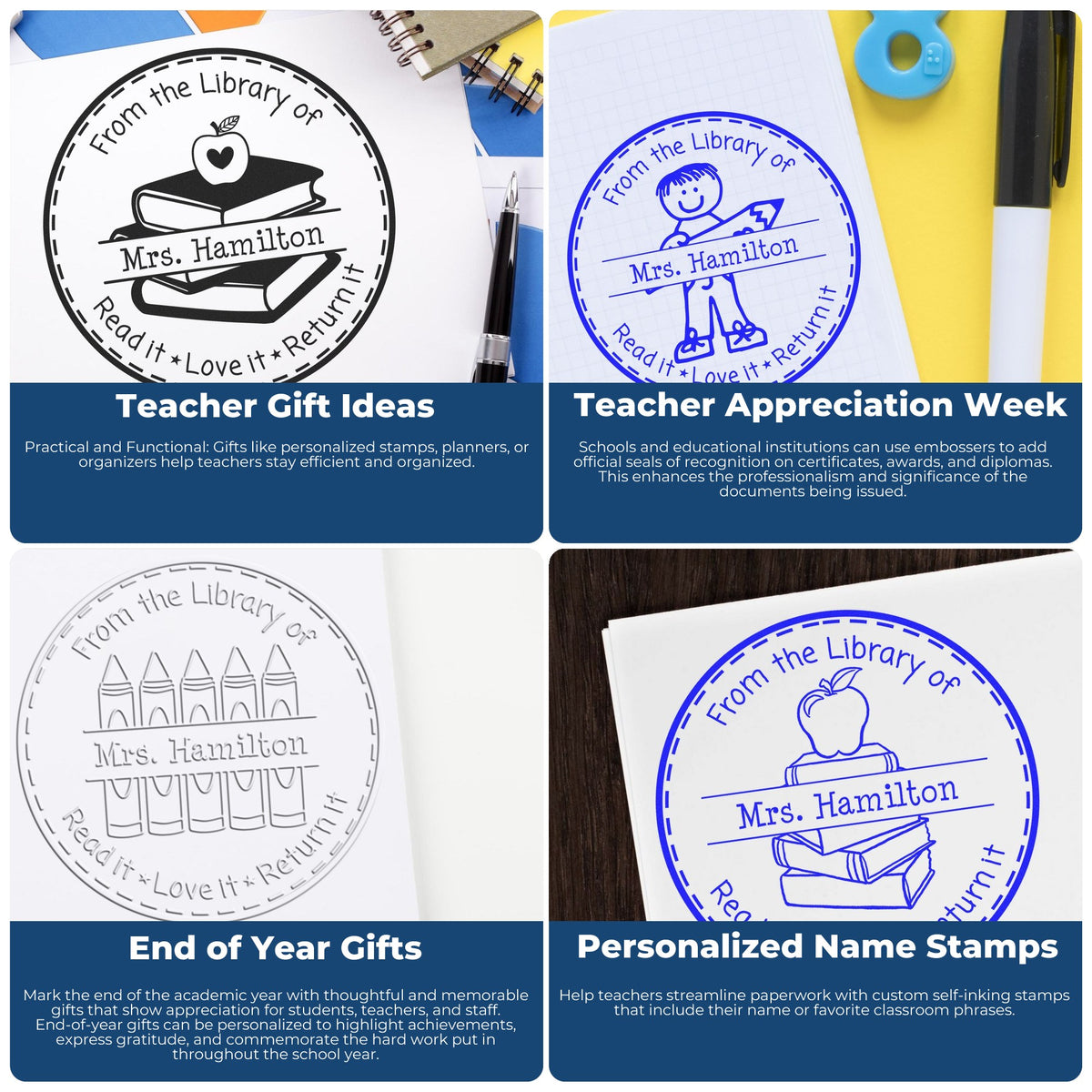 Collage of personalized self-inking teacher stamps and library seals in black and blue on white paper, with books, apple, and child icons.