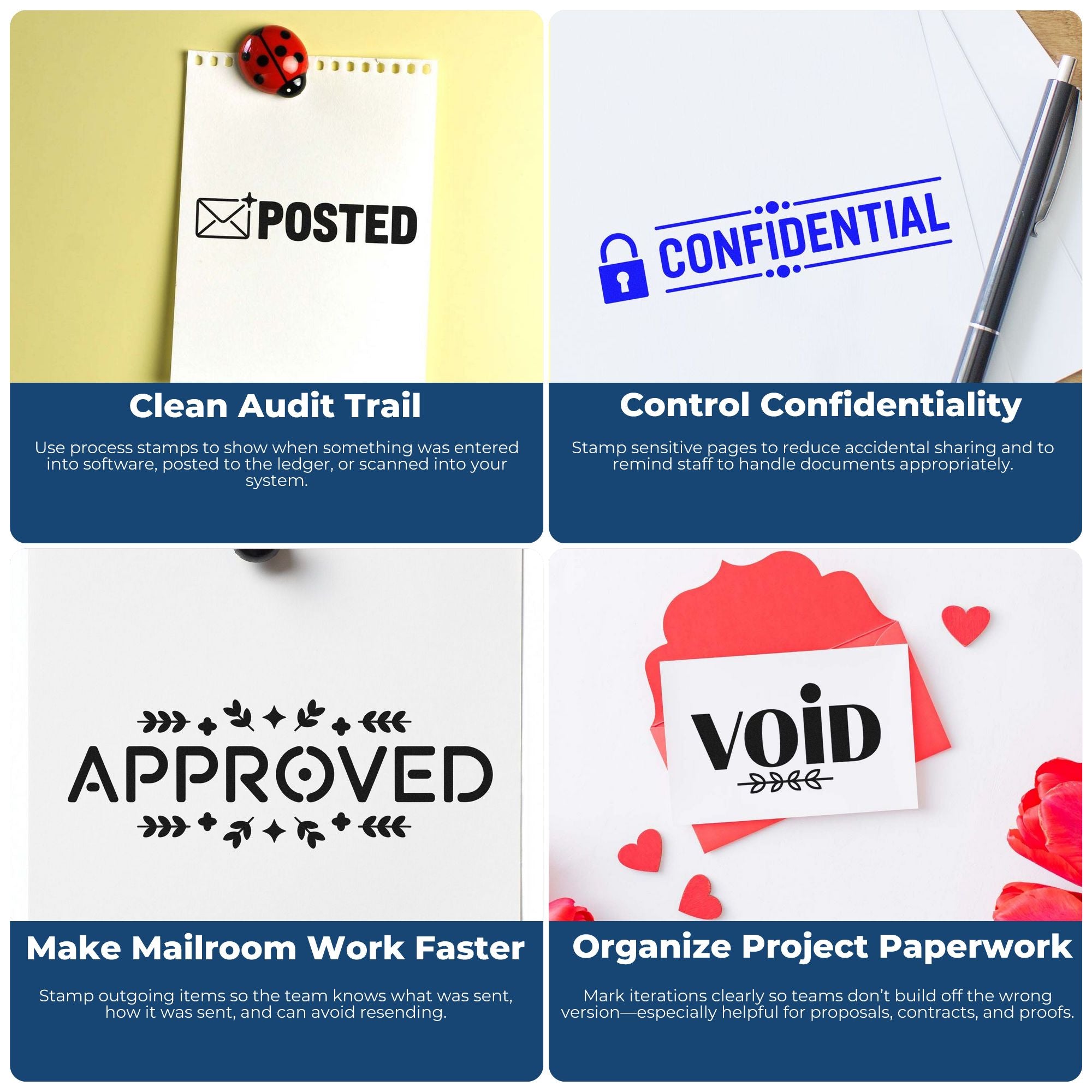 Stamp and seal product collage with Posted, Confidential, Approved and Void marks in black, blue and red on paper.