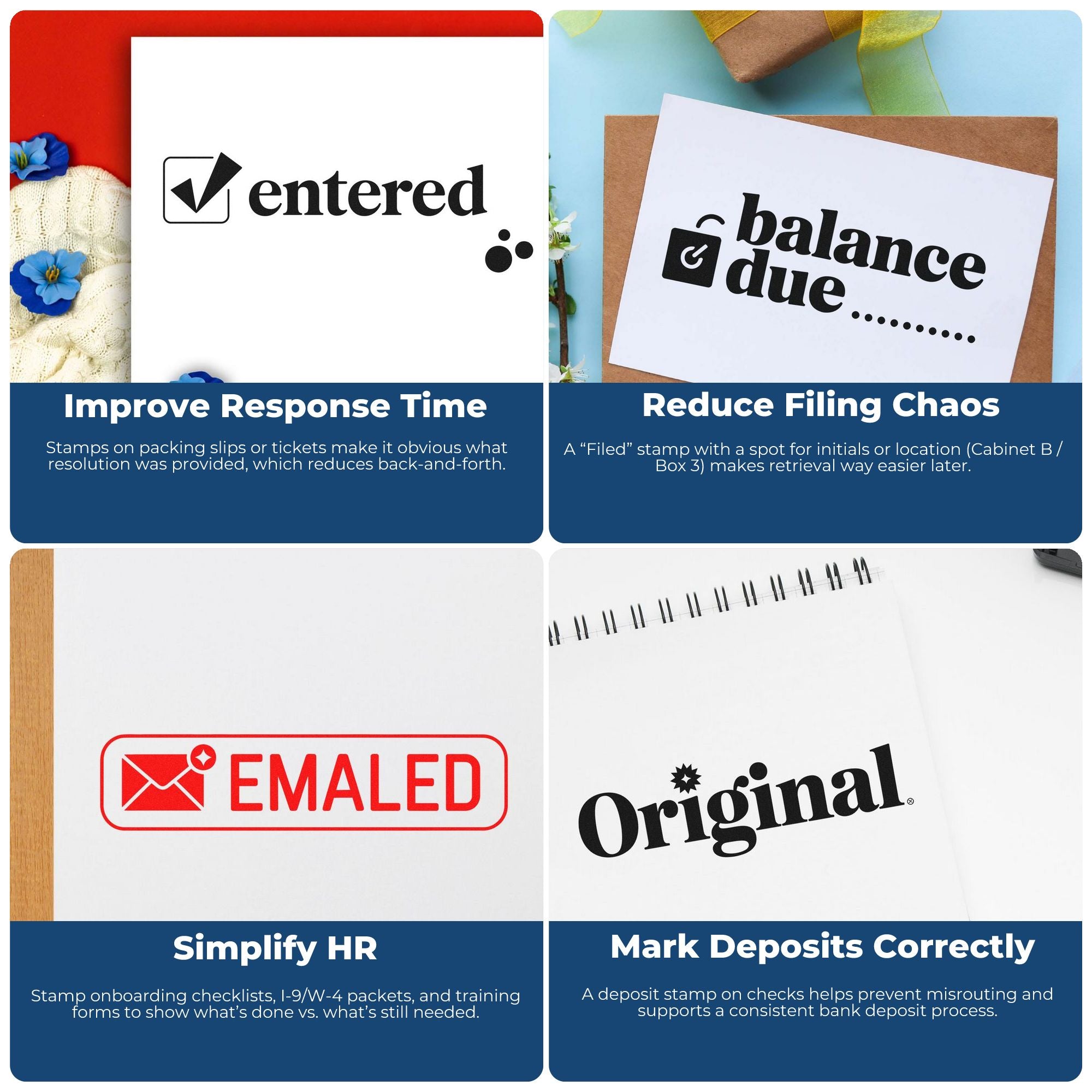 Custom office stamps and seals on white paper: Entered, Balance Due, Emailed, and Original in black and red.