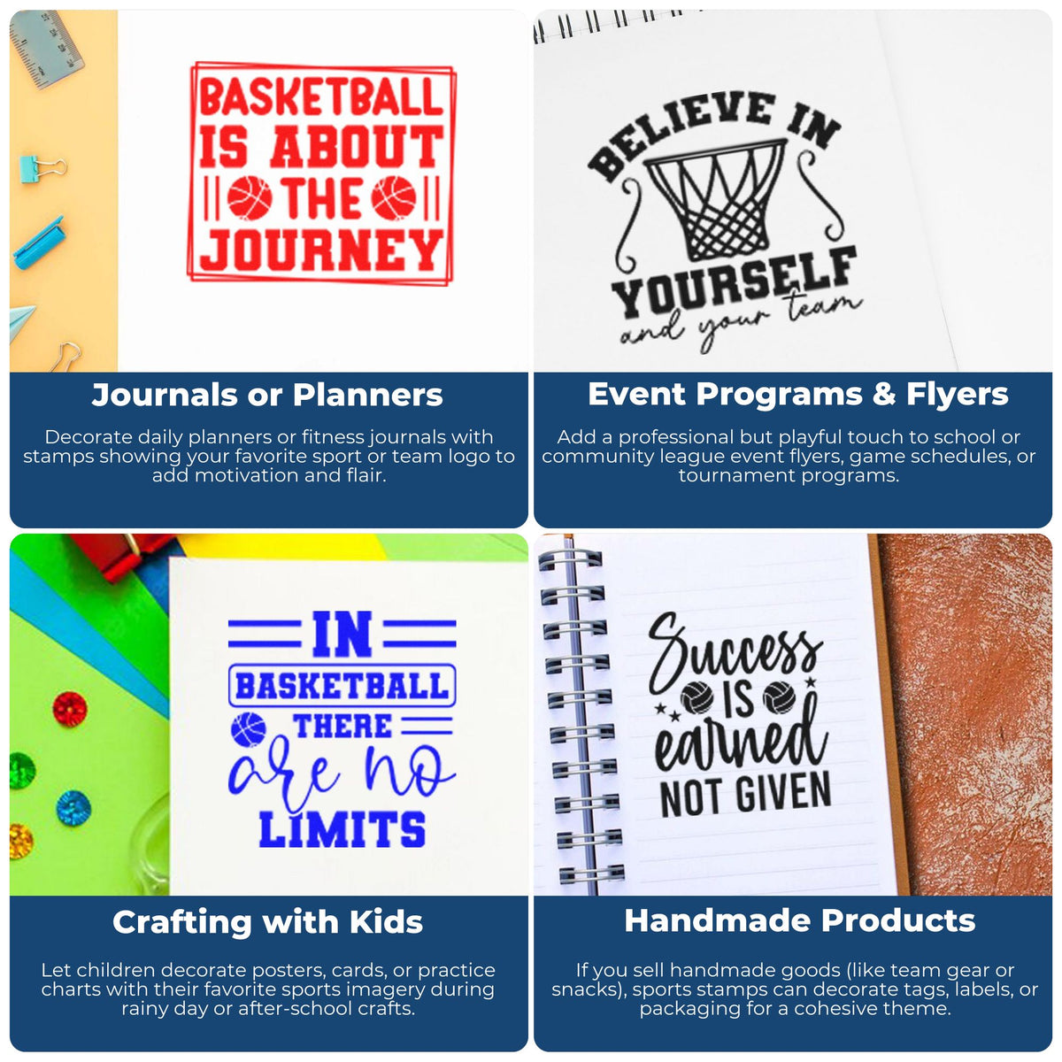 Basketball stamp and seal designs in red, black and blue, shown on journals, flyers, crafts and handmade packaging.