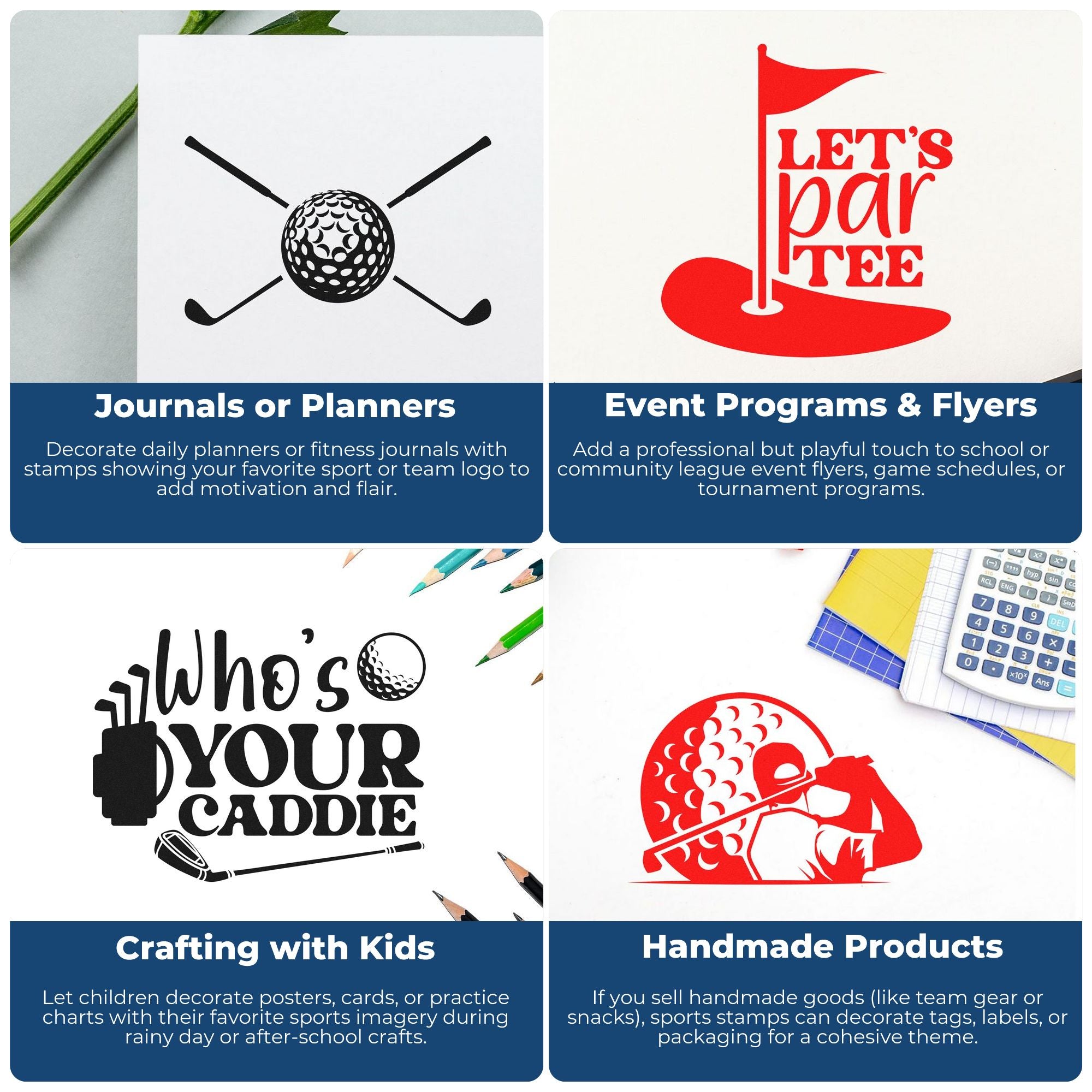 Golf-themed stamp and seal designs in black and red for planners, flyers, kids crafts, and handmade product packaging.