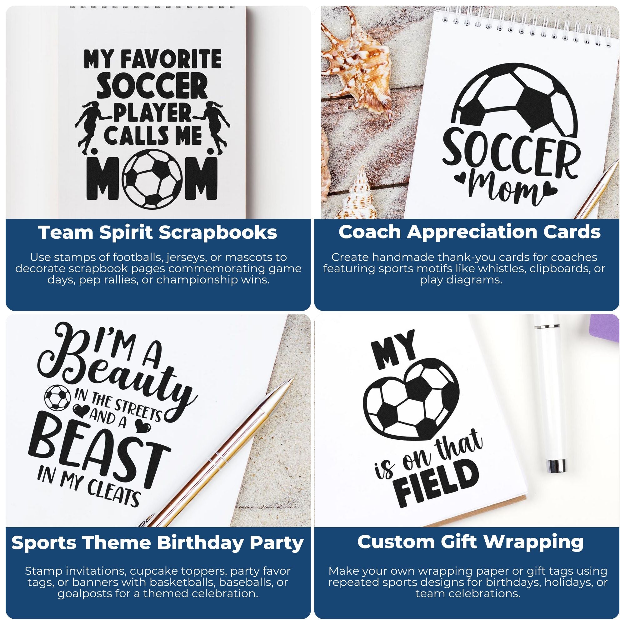Soccer-themed stamp and seal designs in black on white notebooks, showing mom, field, and team spirit layouts with blue section labels.