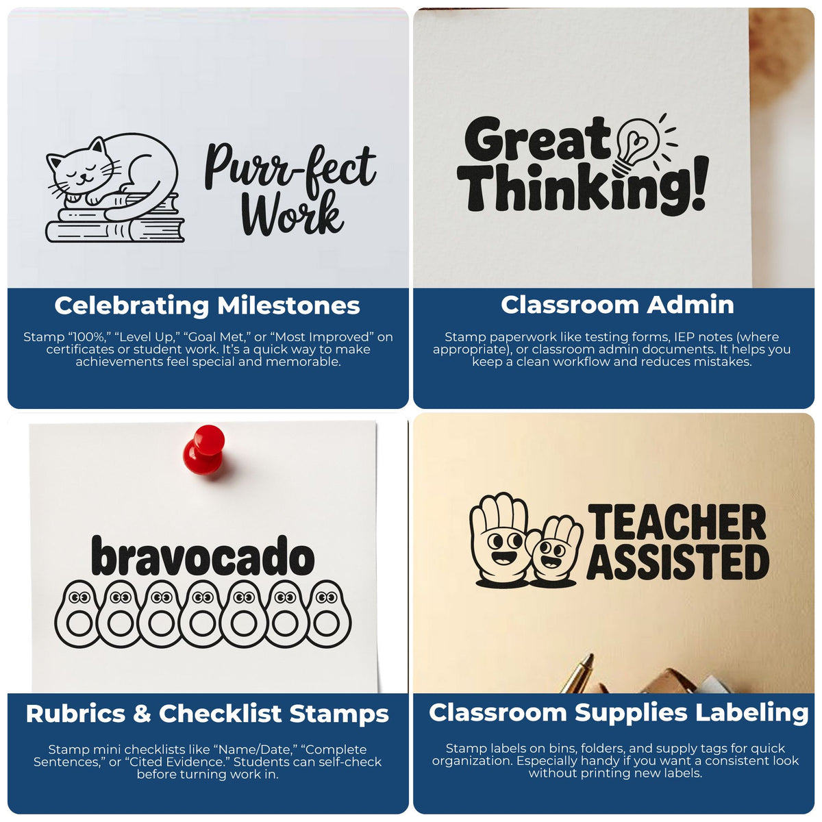 Trodat Elementary Teacher "You're a Real Hieroglyphic Hero" pre-inked stock stamp in use on a teacher's desk.