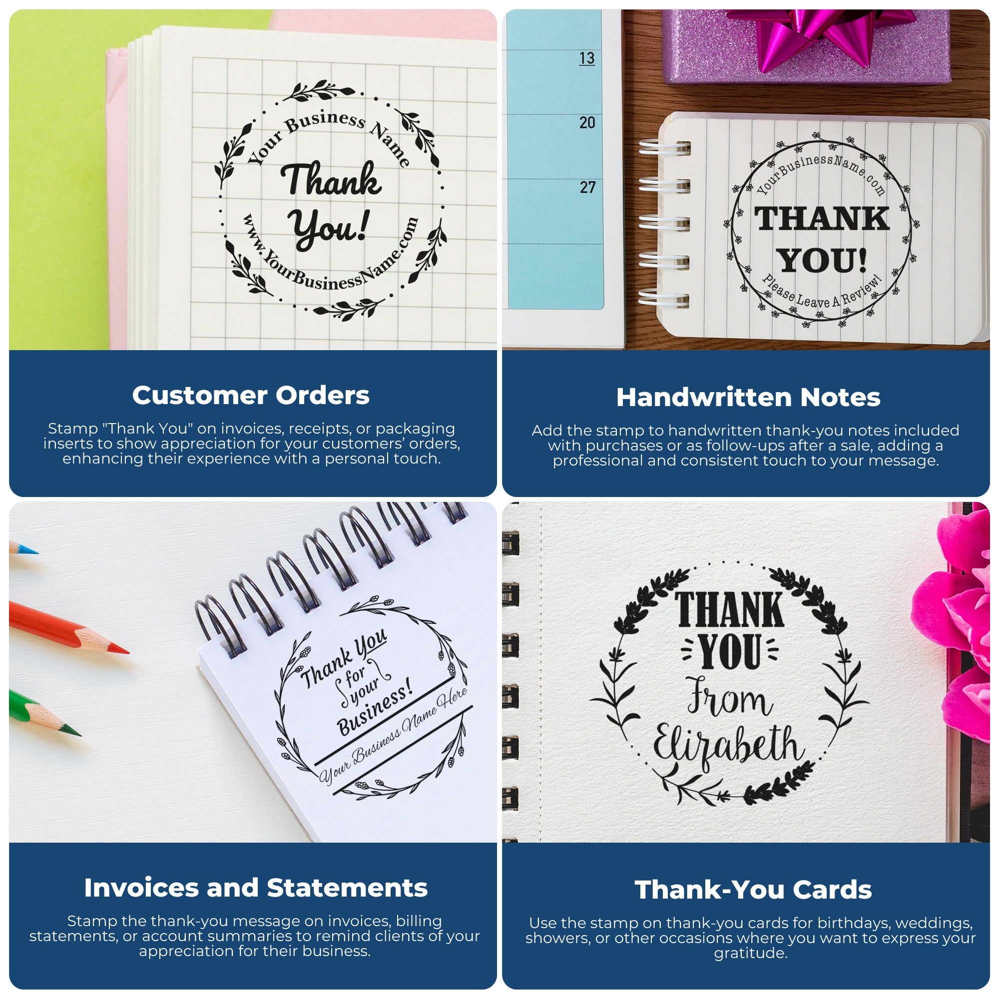 Custom thank-you stamp and seal designs in black ink on notebooks and cards, with floral wreaths and blue product panels.