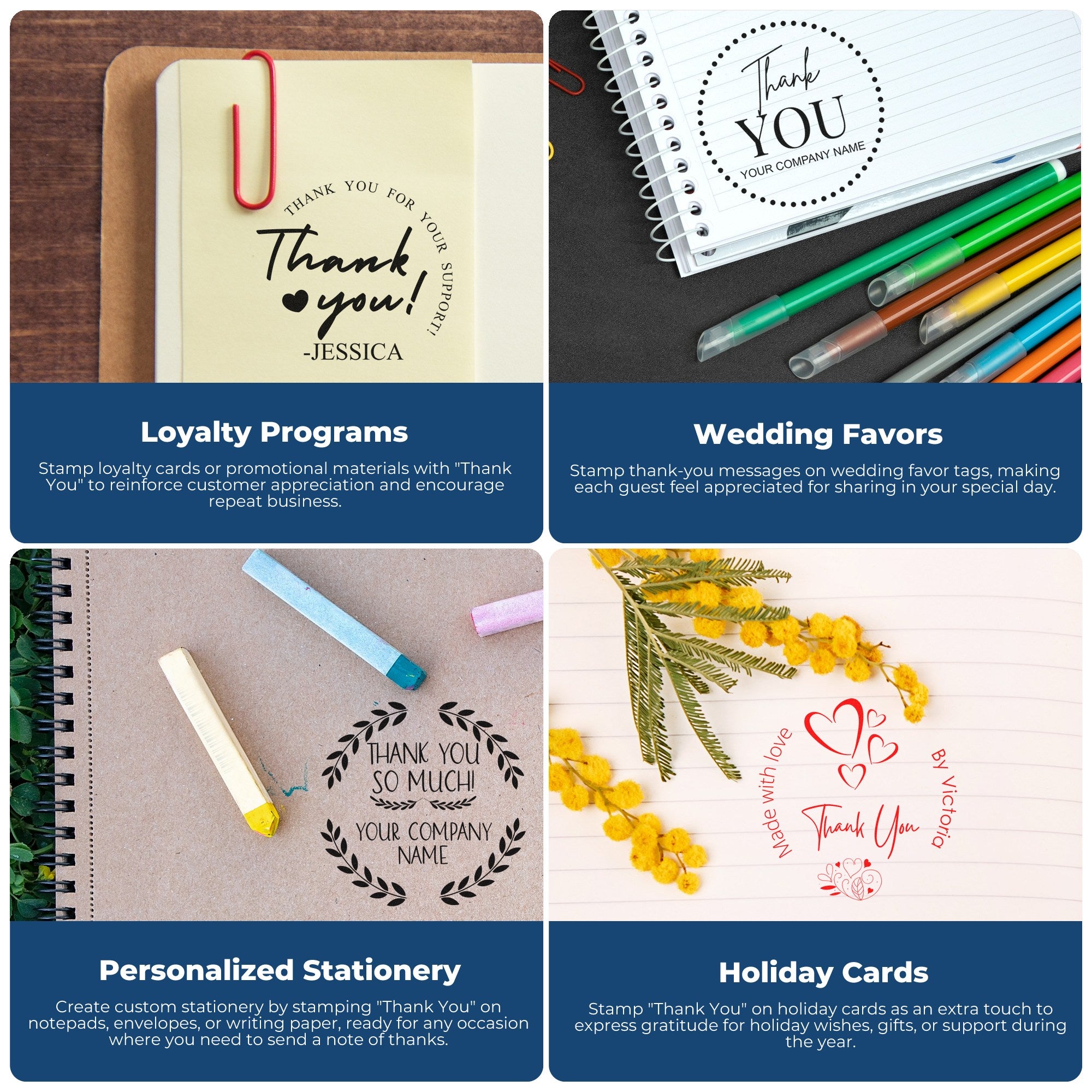 Custom stamp and seal products for thank-you notes, shown in black, red, and white on notebooks, stationery, and gift tags.