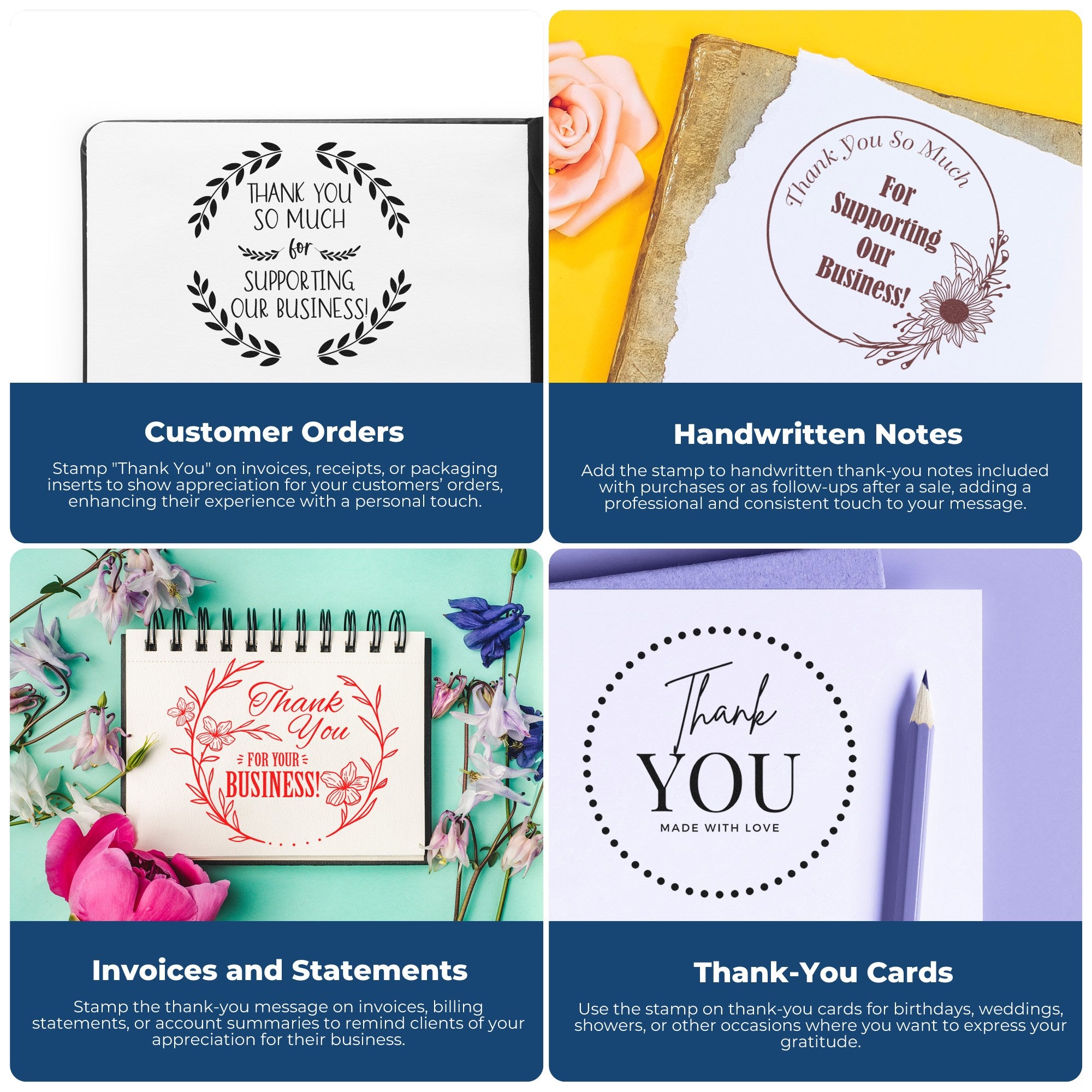 Assorted thank-you stamp and seal designs for business orders, notes, invoices and cards in black, brown, red and white.
