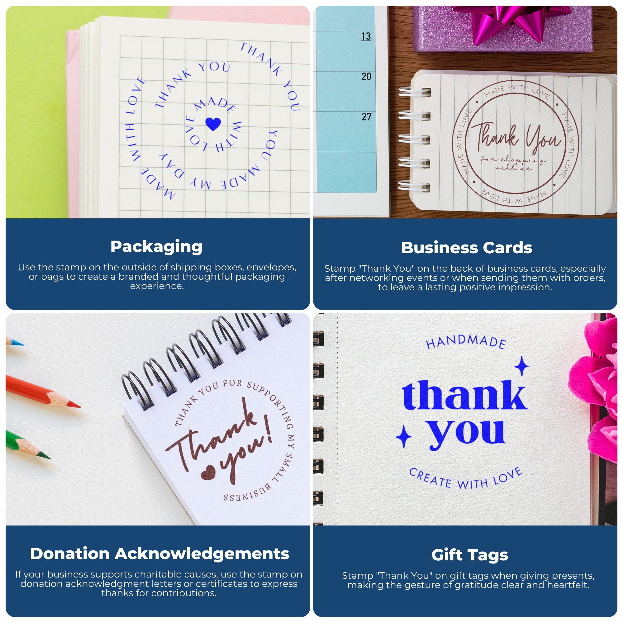 Collage of blue and brown thank-you rubber stamp and seal products on packaging, business cards, notebooks, and gift tags.