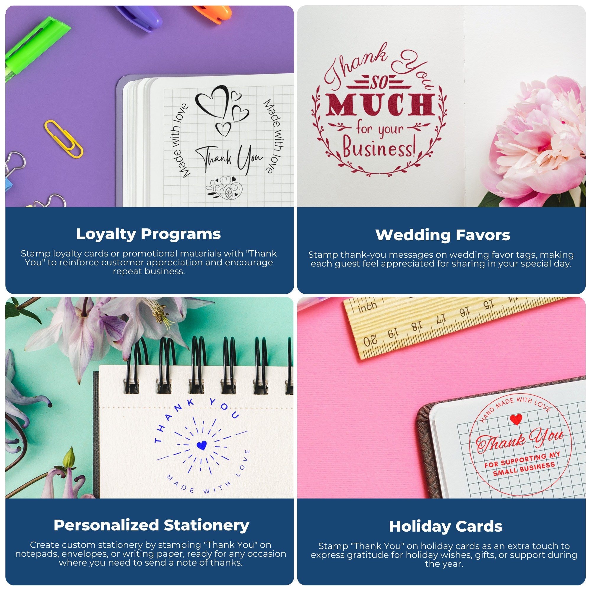 Colorful stamp and seal product collage with thank-you designs on purple, white, teal and pink stationery for loyalty, weddings, and cards