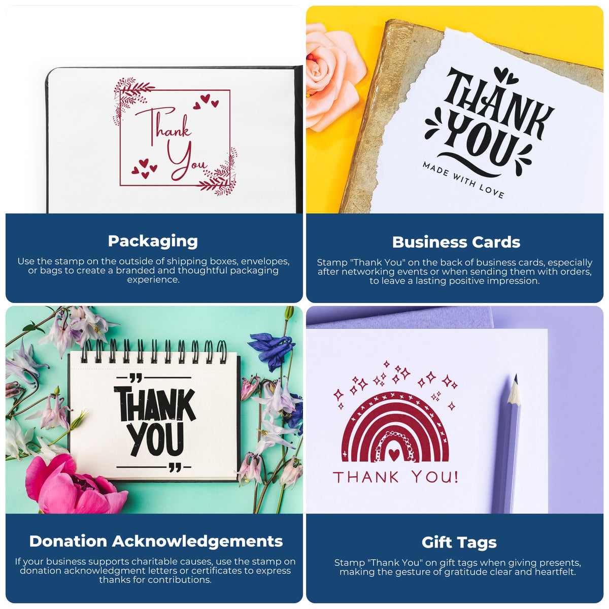 Thank-you stamp and seal product collage in maroon and black on white packaging, cards, donation notes, and gift tags.