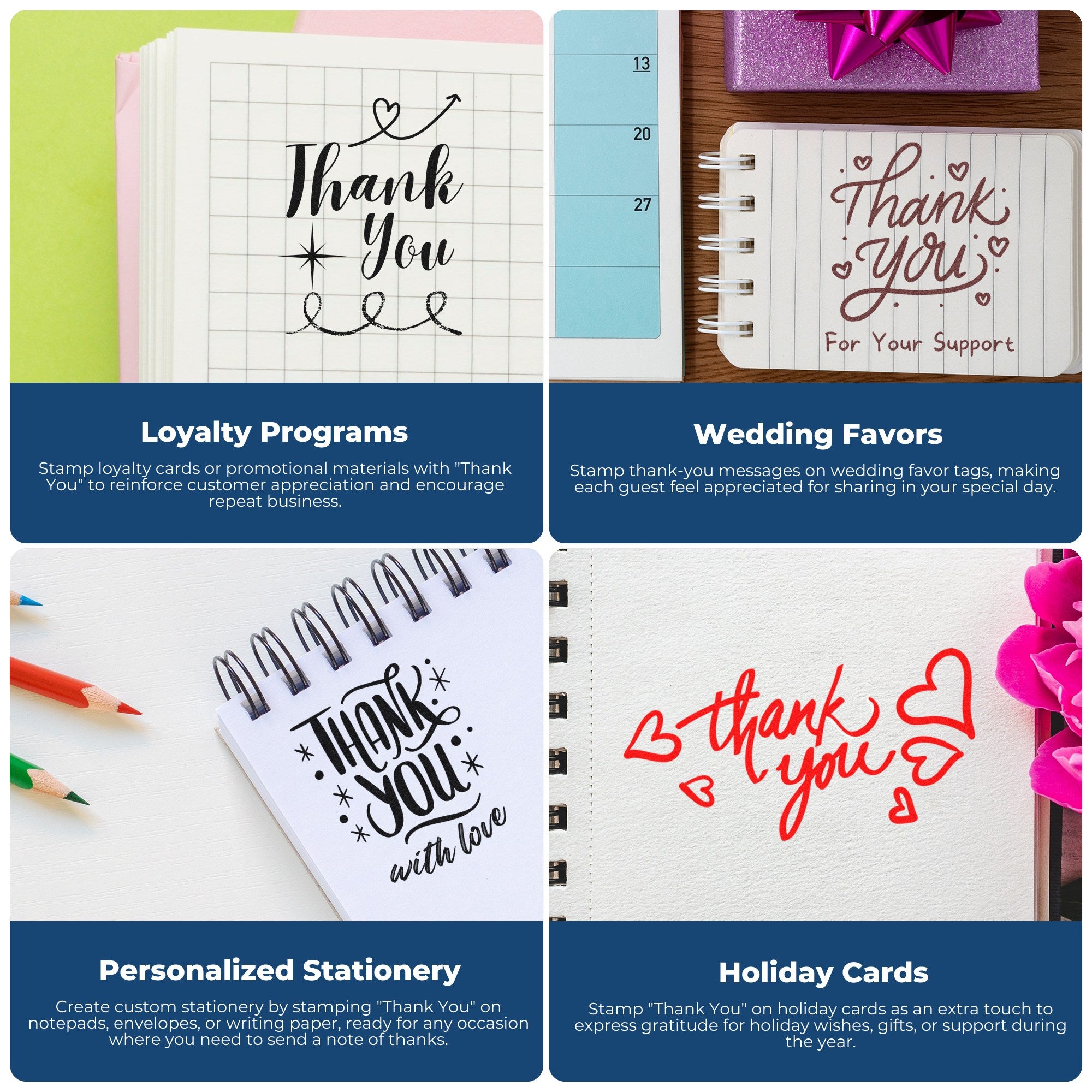 Collage of thank-you stamp and seal designs on notebooks and cards in black, red, and burgundy for loyalty, wedding and holiday uses.