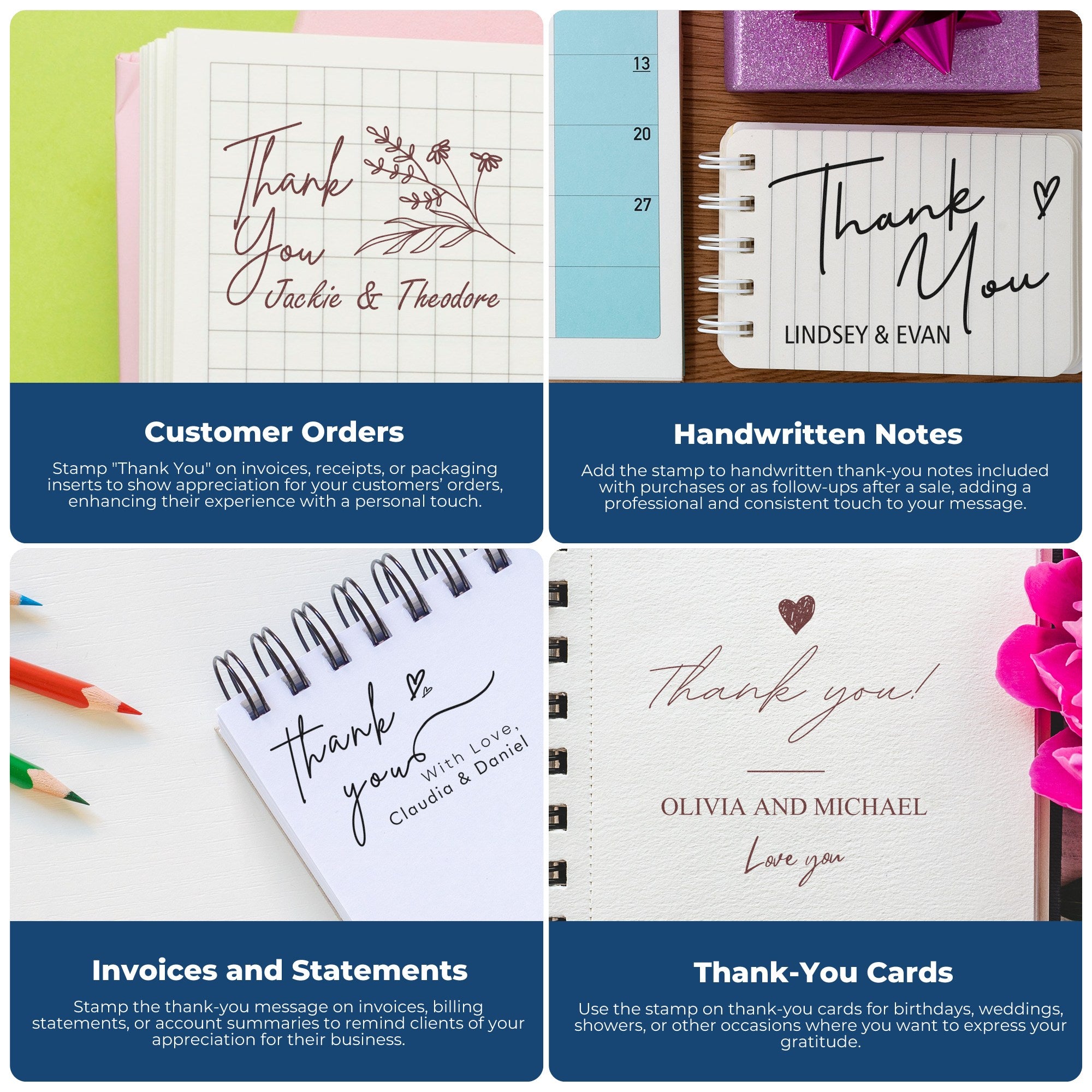 Collage of thank-you stamp and seal samples on notebooks and cards, in black and brown with pink and blue accents.