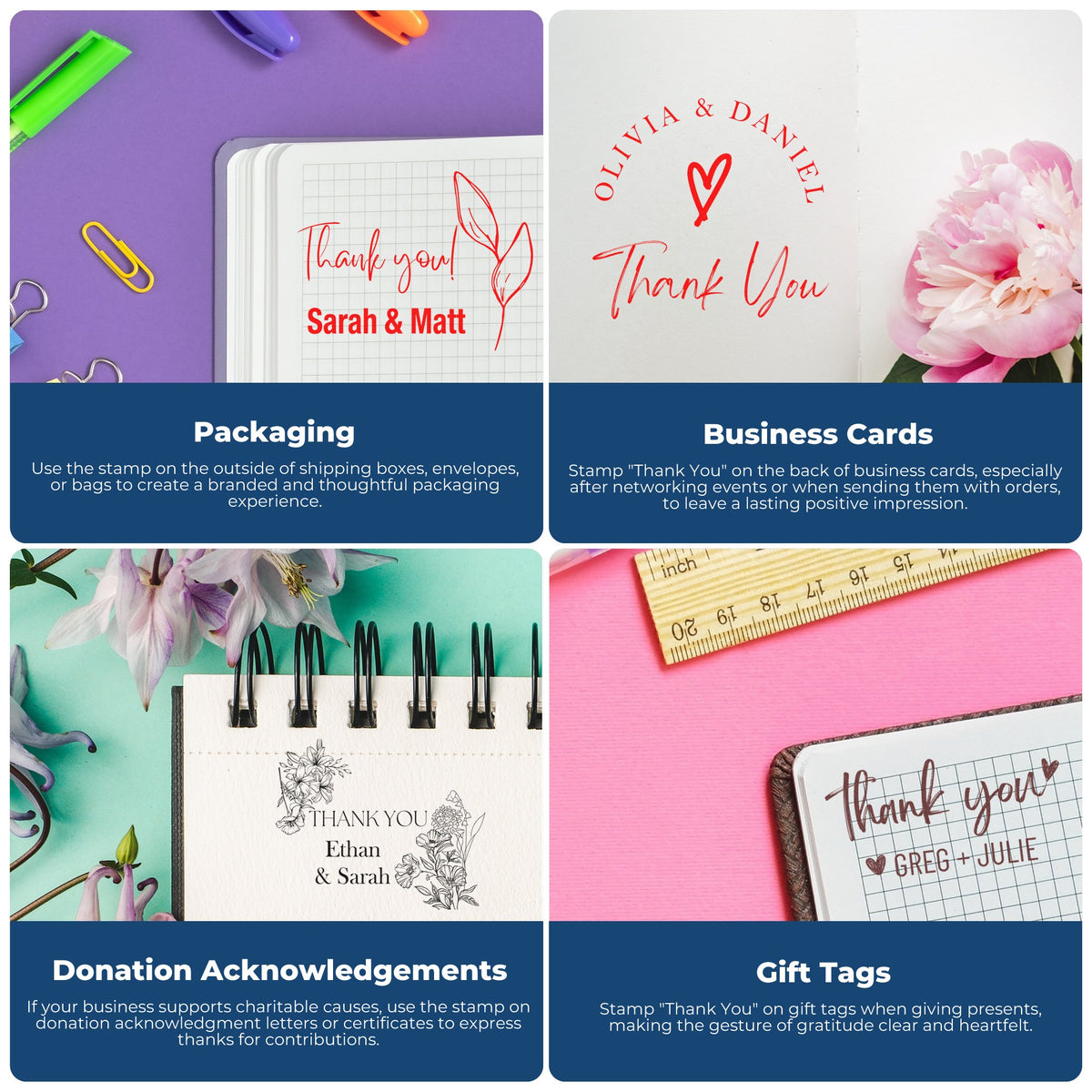 Custom thank-you stamp and seal examples on purple, white, mint, and pink backgrounds with flowers, stationery, and handwritten names.