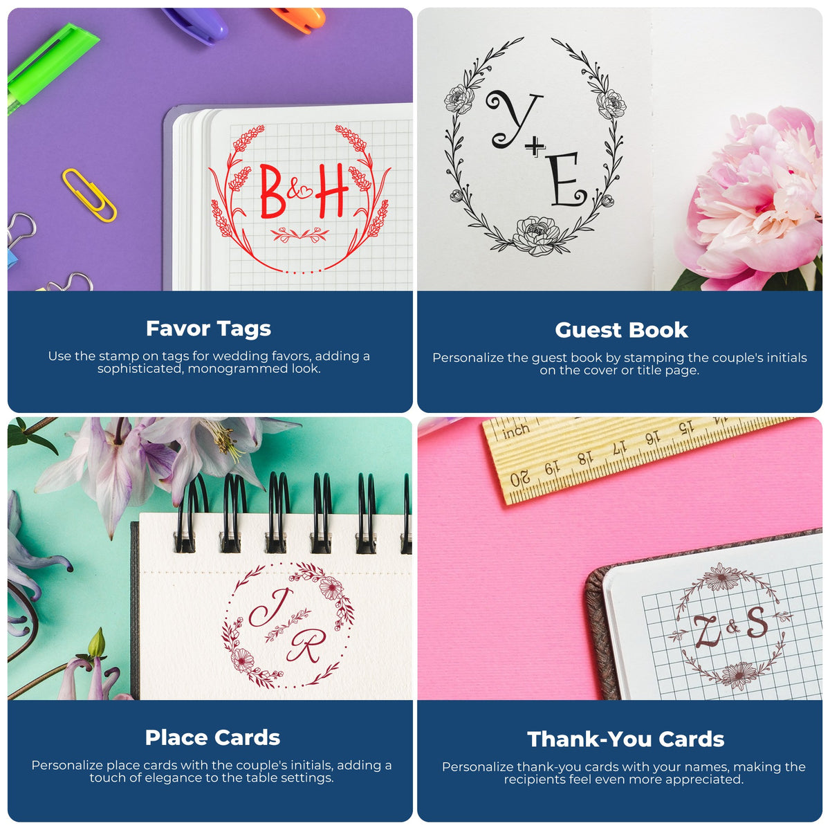 Wedding stamp and seal product examples with floral monograms in red, black, and brown on notebooks, guest books, and cards.