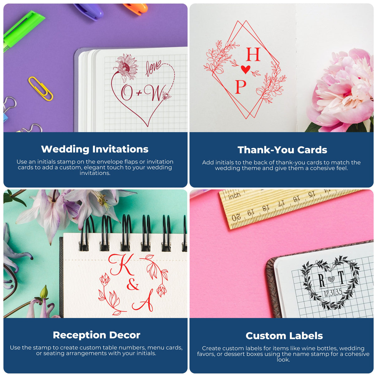 Custom wedding stamp and seal collage with purple, pink, and red floral initials on invitations, cards, decor, and labels.