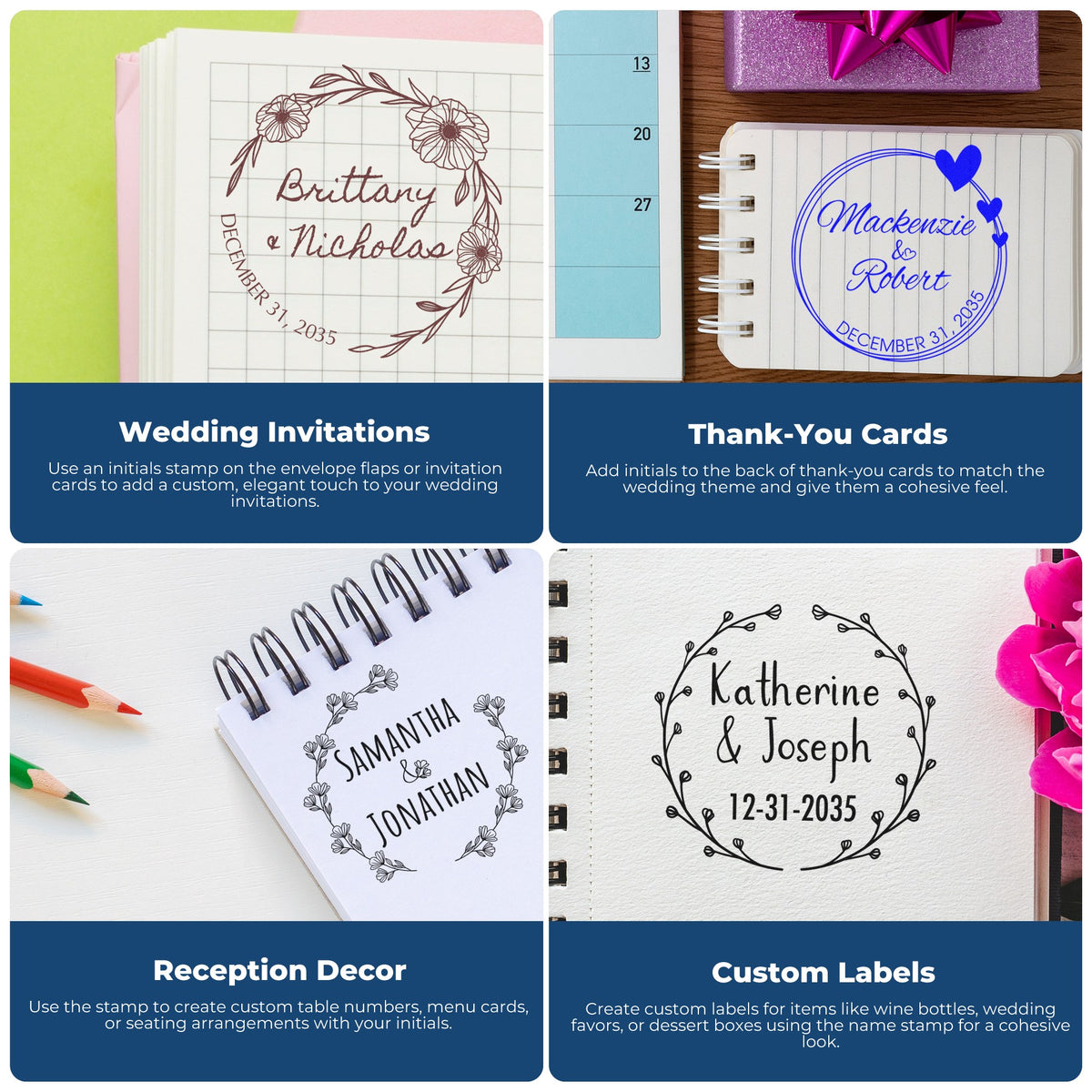 Wedding stamp and seal collage with floral brown, blue heart, and black wreath name stamps on notebooks and cards.