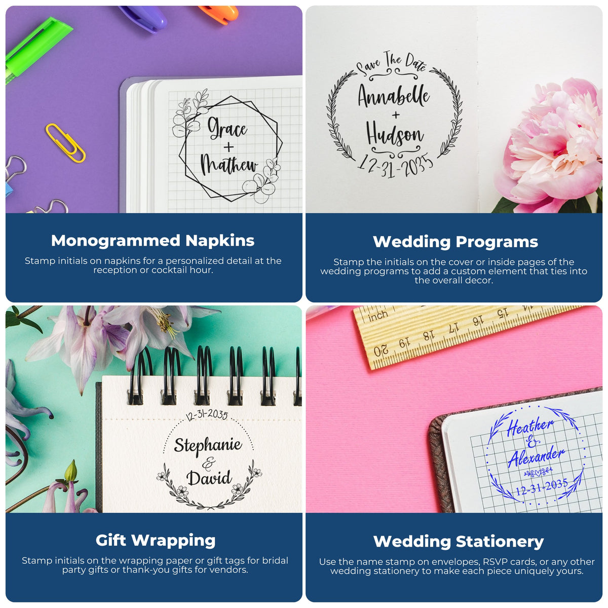 Colorful custom wedding stamp and seal examples on napkins, programs, gift wrap, and stationery with floral accents.