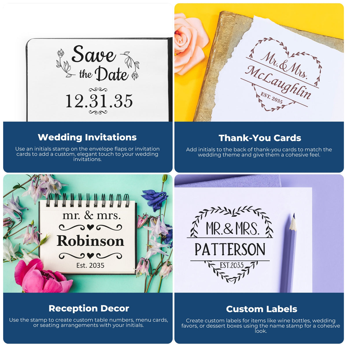 Wedding stamp and seal collage with black and brown custom stamps on white paper, plus floral accents and blue panels.