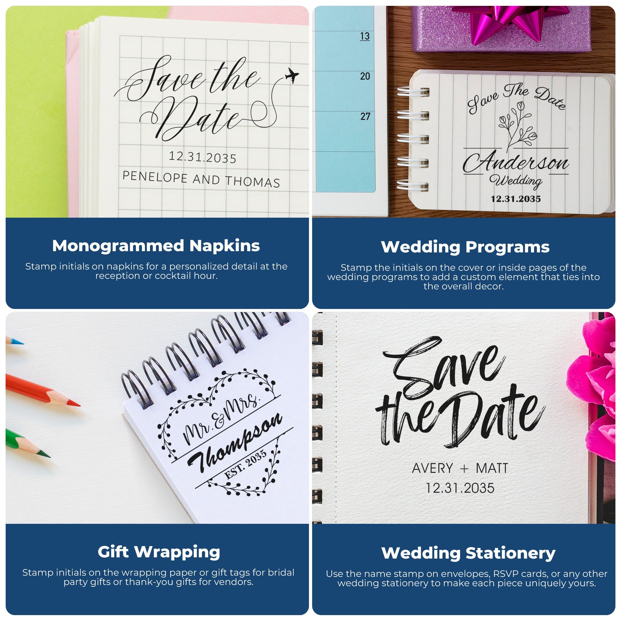 Wedding stamp and seal product collage on pastel pink, blue and white paper: Save the Date, programs, gift wrap, stationery.