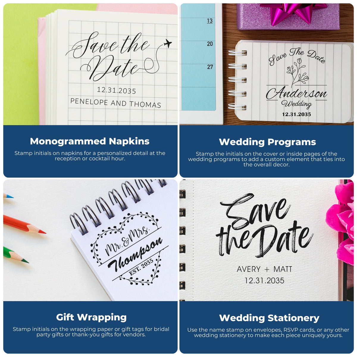Collage of customizable wedding stamp and seal products on pastel notebooks, napkins, stationery, and gift wrap with black script text.
