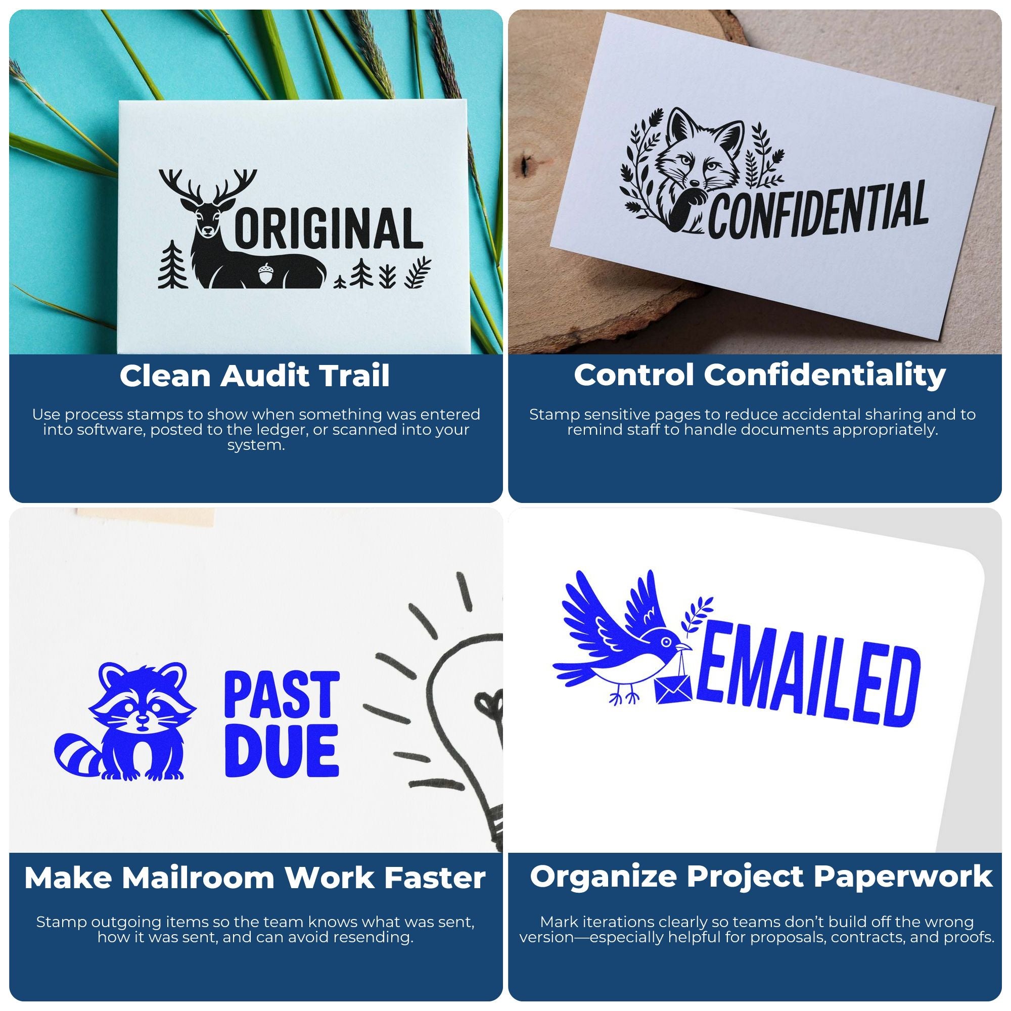 Custom stamp and seal designs: black deer ORIGINAL, fox CONFIDENTIAL, blue PAST DUE raccoon, and EMAILED bird.
