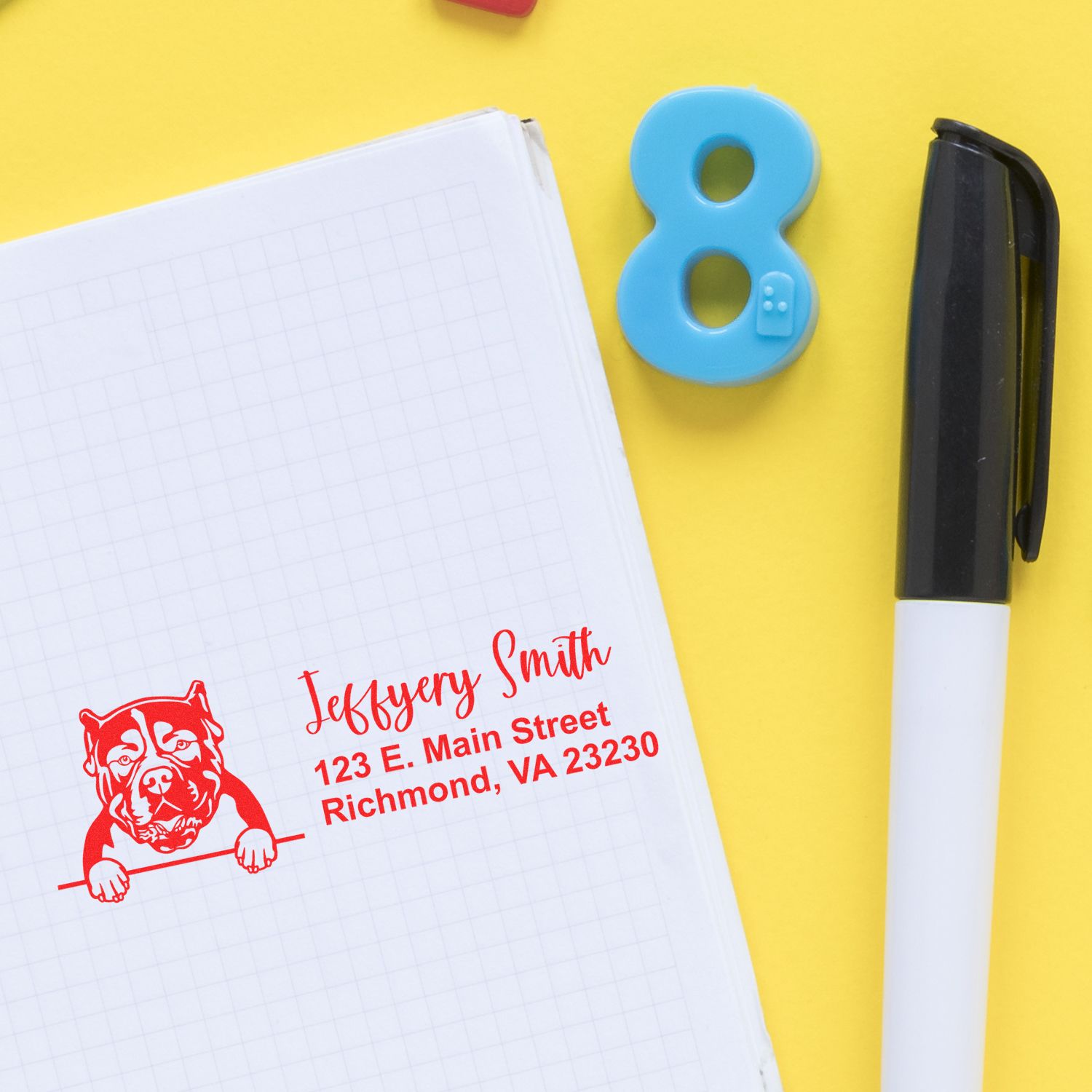 Peeking American Bulldog Name and Address Rubber Stamp - Engineer Seal Stamps