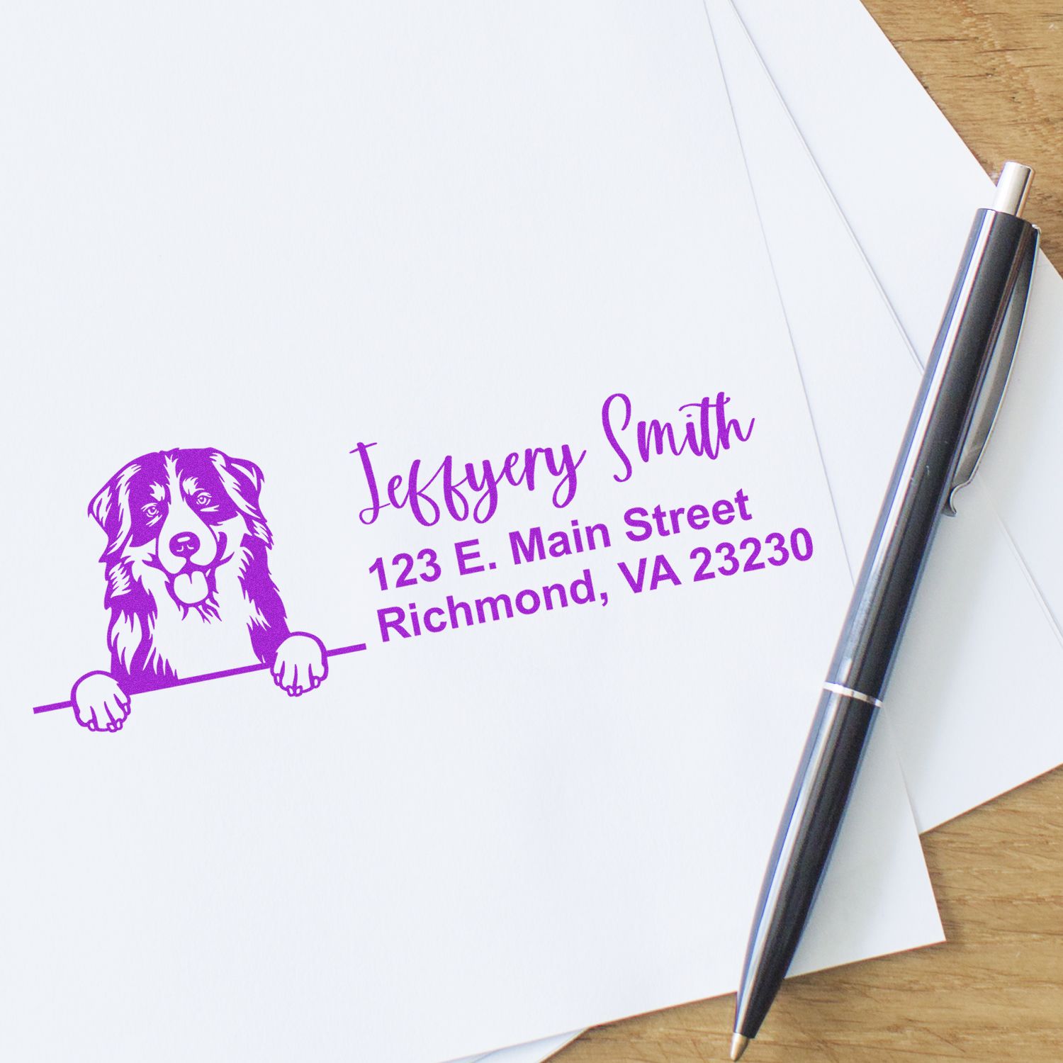 Peeking Bernese Mountain Dog Name and Address Rubber Stamp - Engineer Seal Stamps