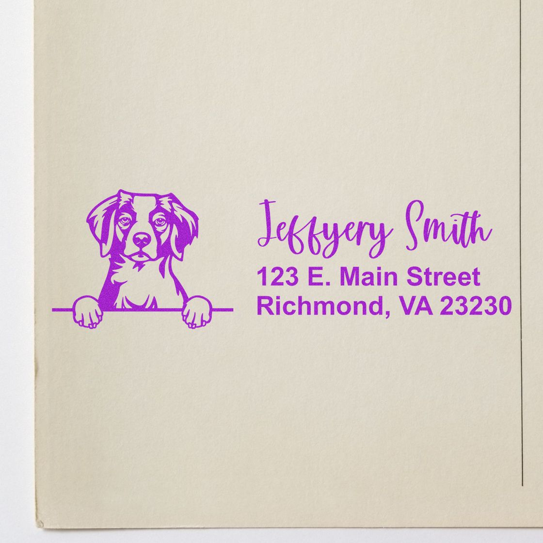 Purple custom stamp/seal with dog logo, Jeffery Smith name, and Richmond, VA address on cream paper.