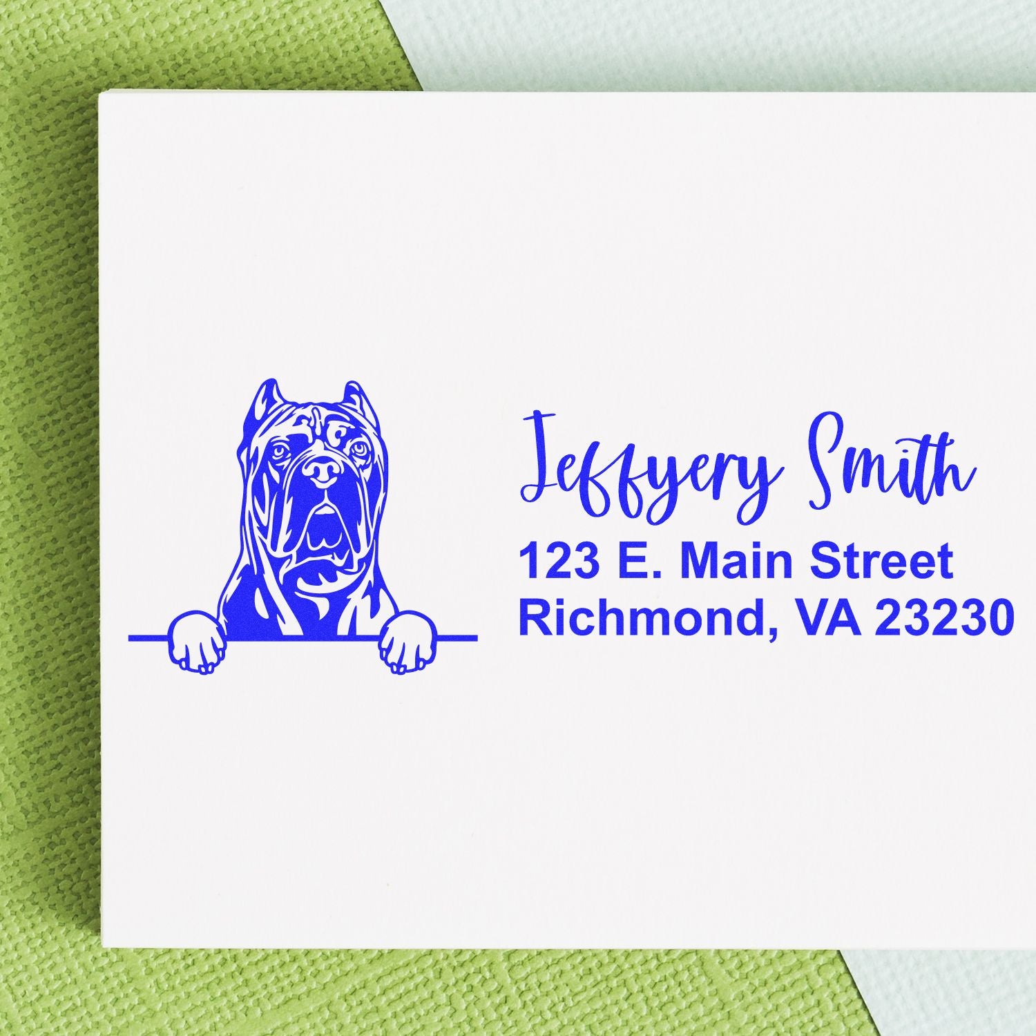Blue custom address stamp and seal with bulldog logo, Jeffrey Smith name, and Richmond, VA address on white card.